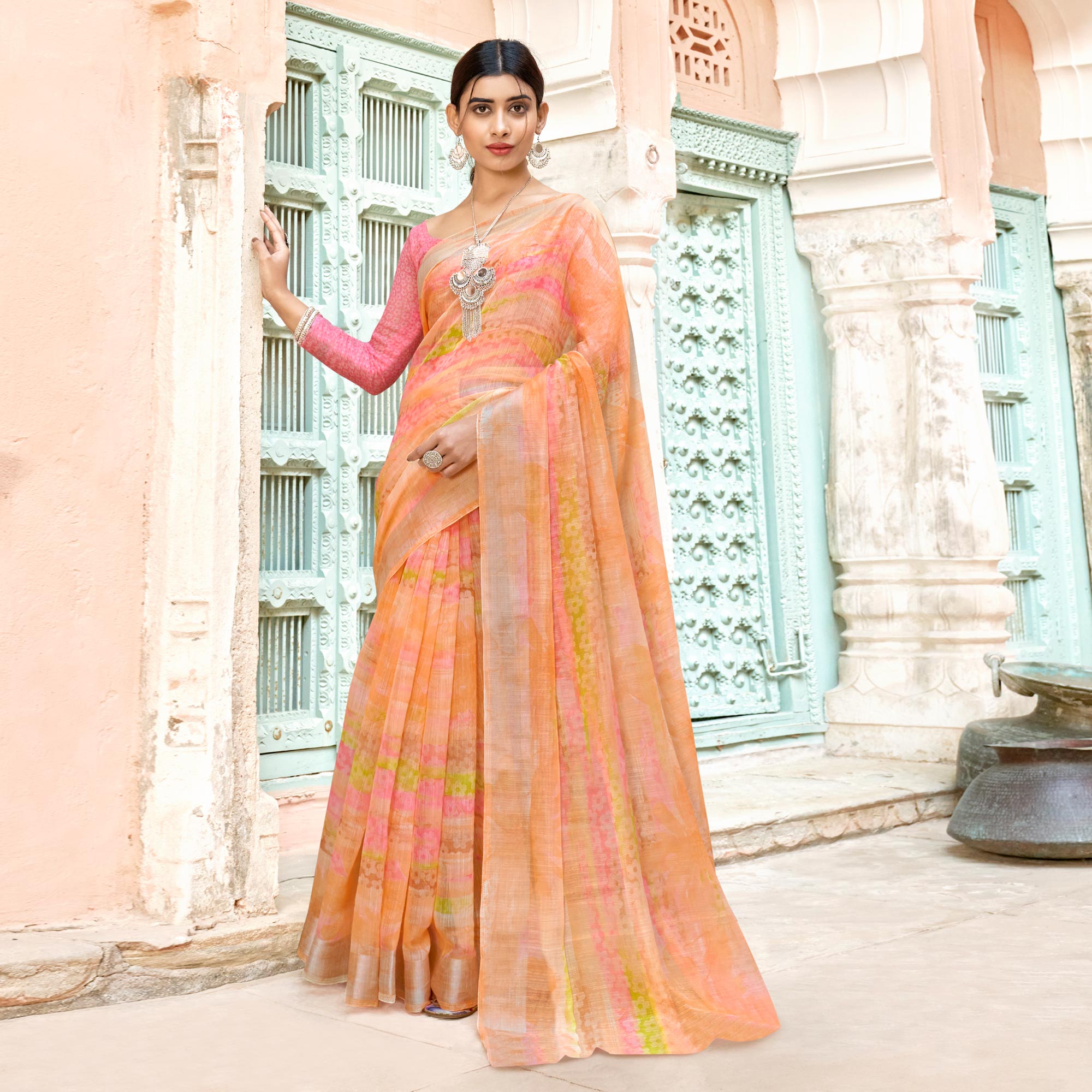 Peach Printed Cotton Blend Saree