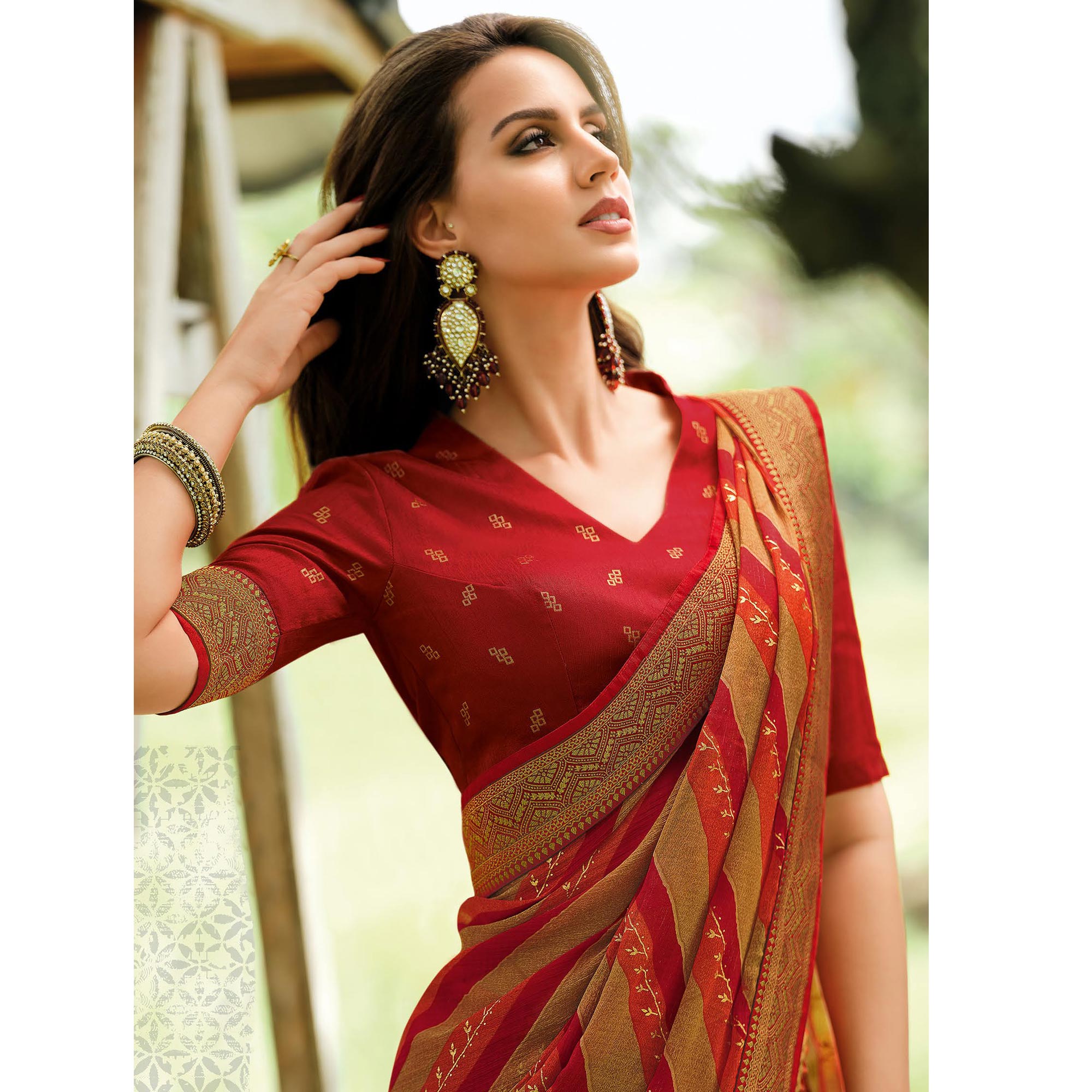 Red & Chikoo Foil Printed Chiffon Saree