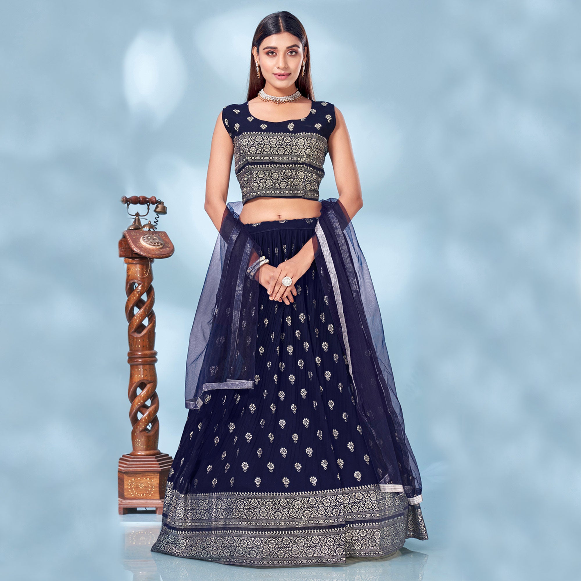 Navy Blue Floral Foil Printed Chiffon Lehenga Choli