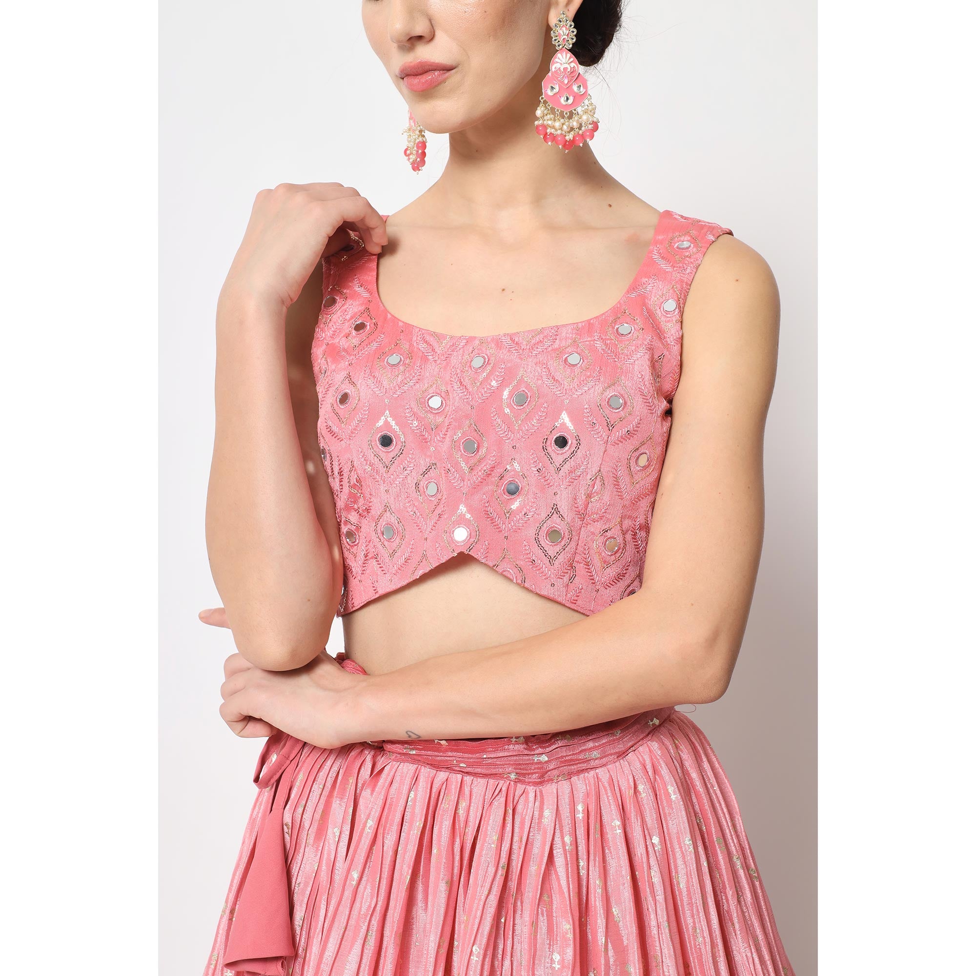 Pink Foil Printed Chiffon Lehenga Choli