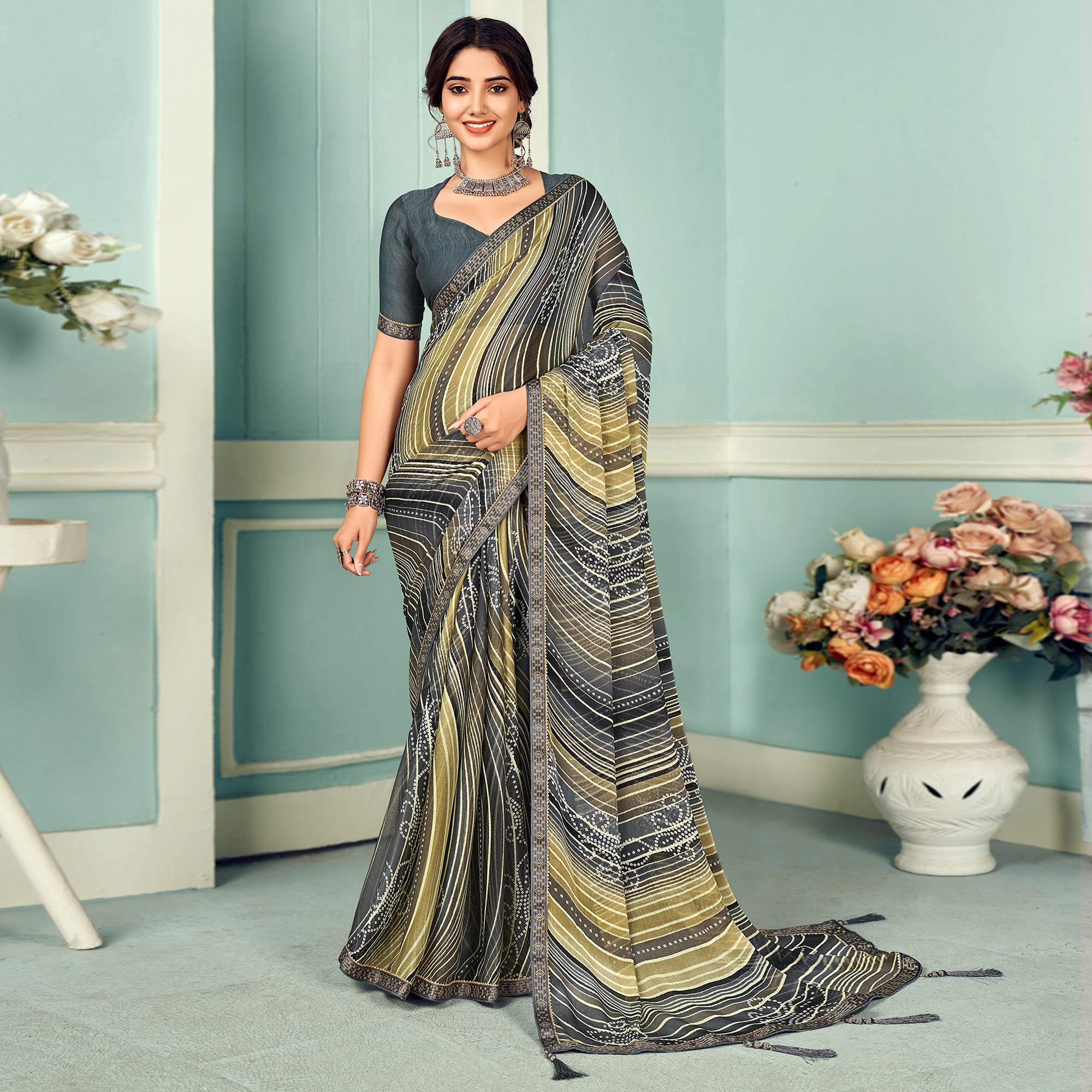 Grey Digital Bandhani Printed Chiffon Saree With Tassels