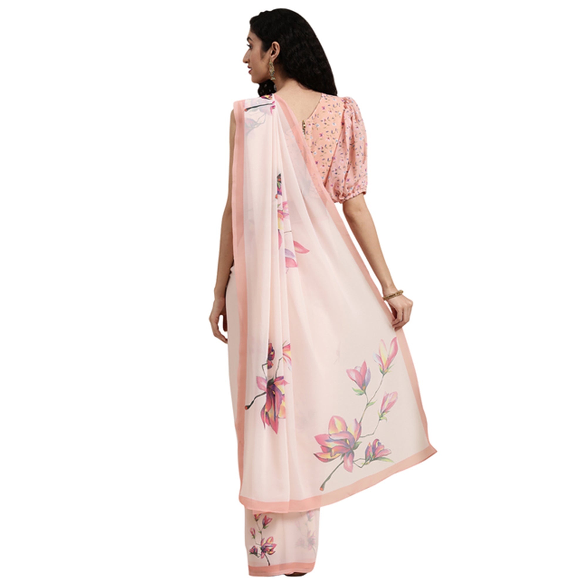 Peach Floral Digital Printed Georgette Saree