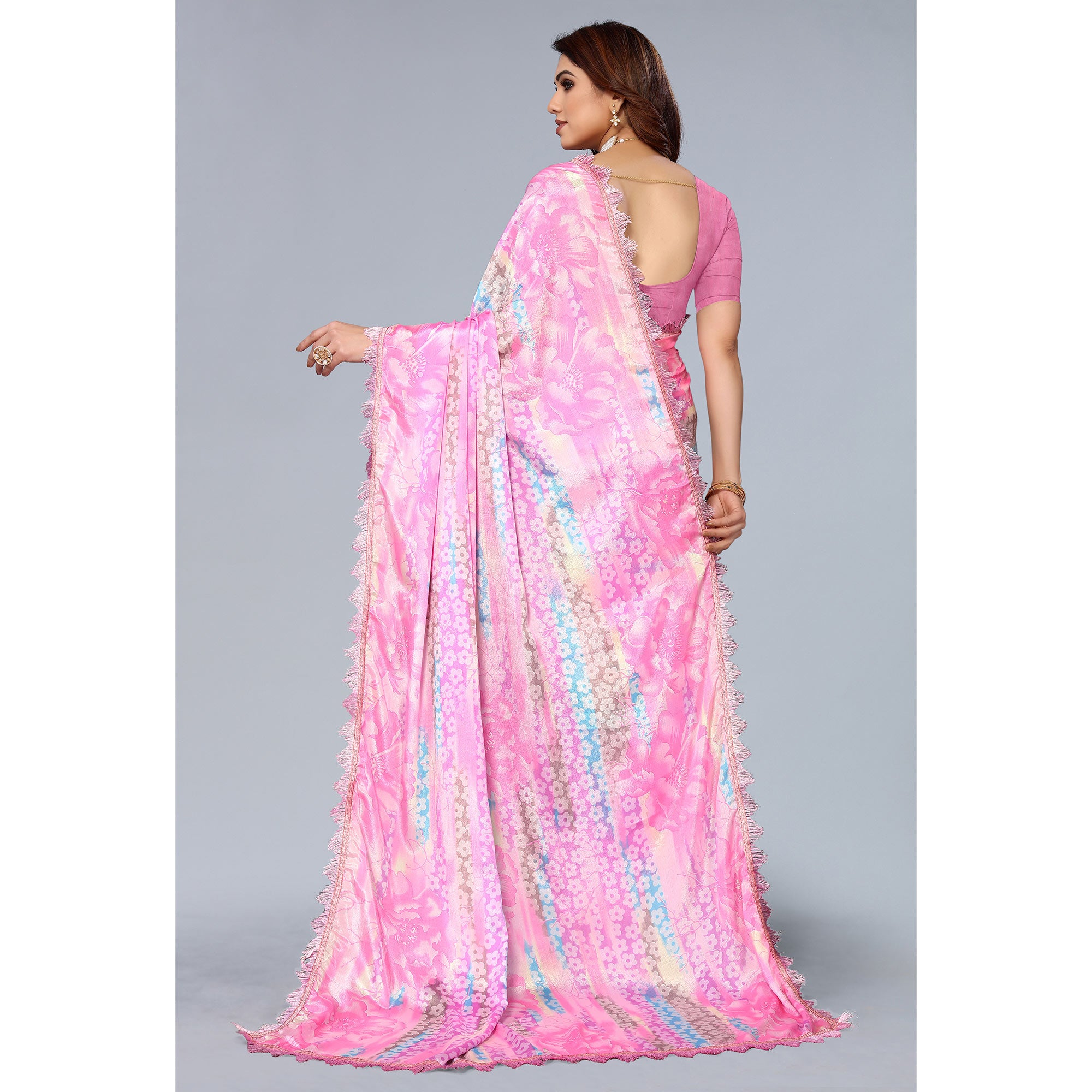 Pink Floral Printed Art Silk Saree With Crochet Border