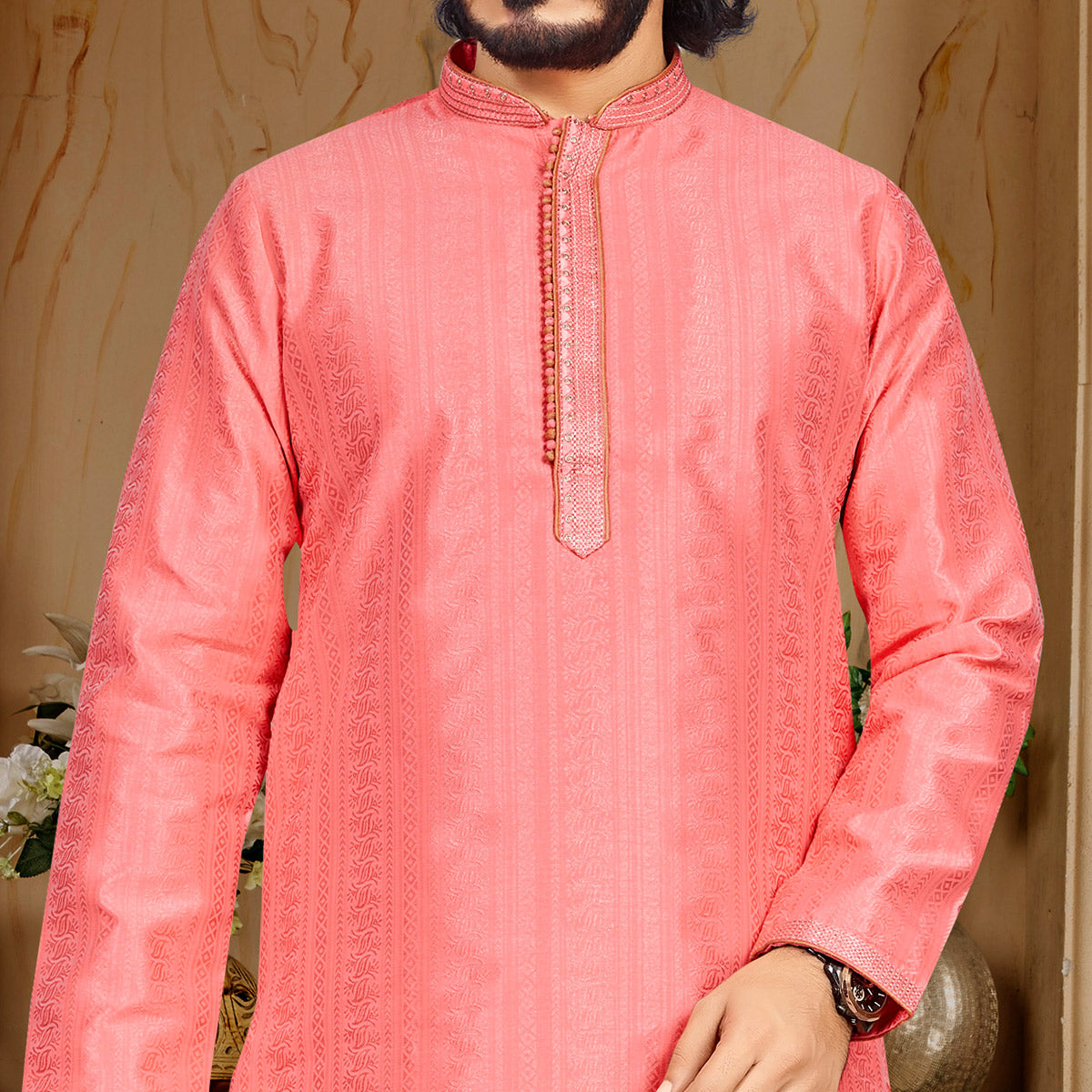 Pink Woven Jacquard Kurta Pyjama Set