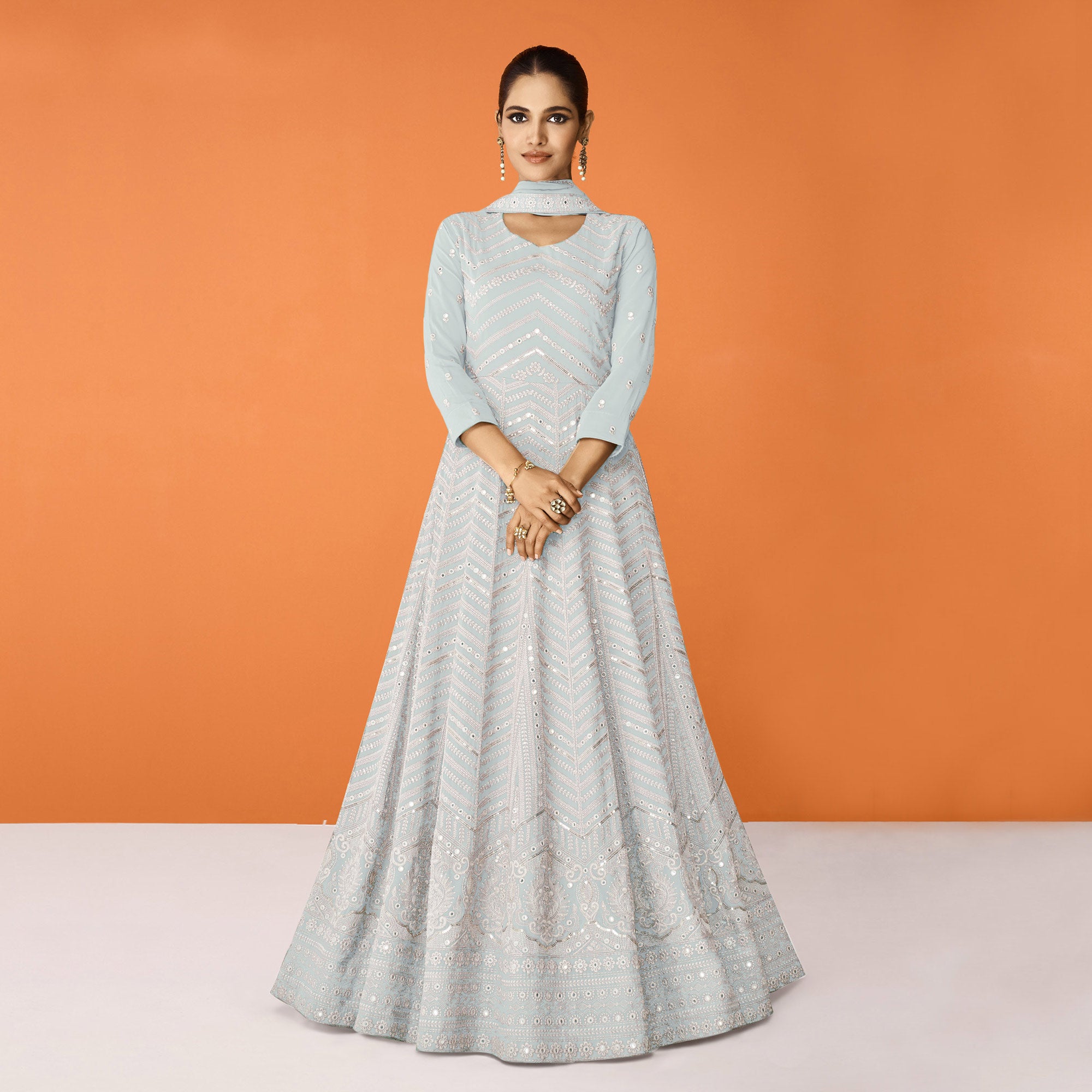 Mint Green Sequins Embroidered Georgette Semi Stitched Anarkali Suit