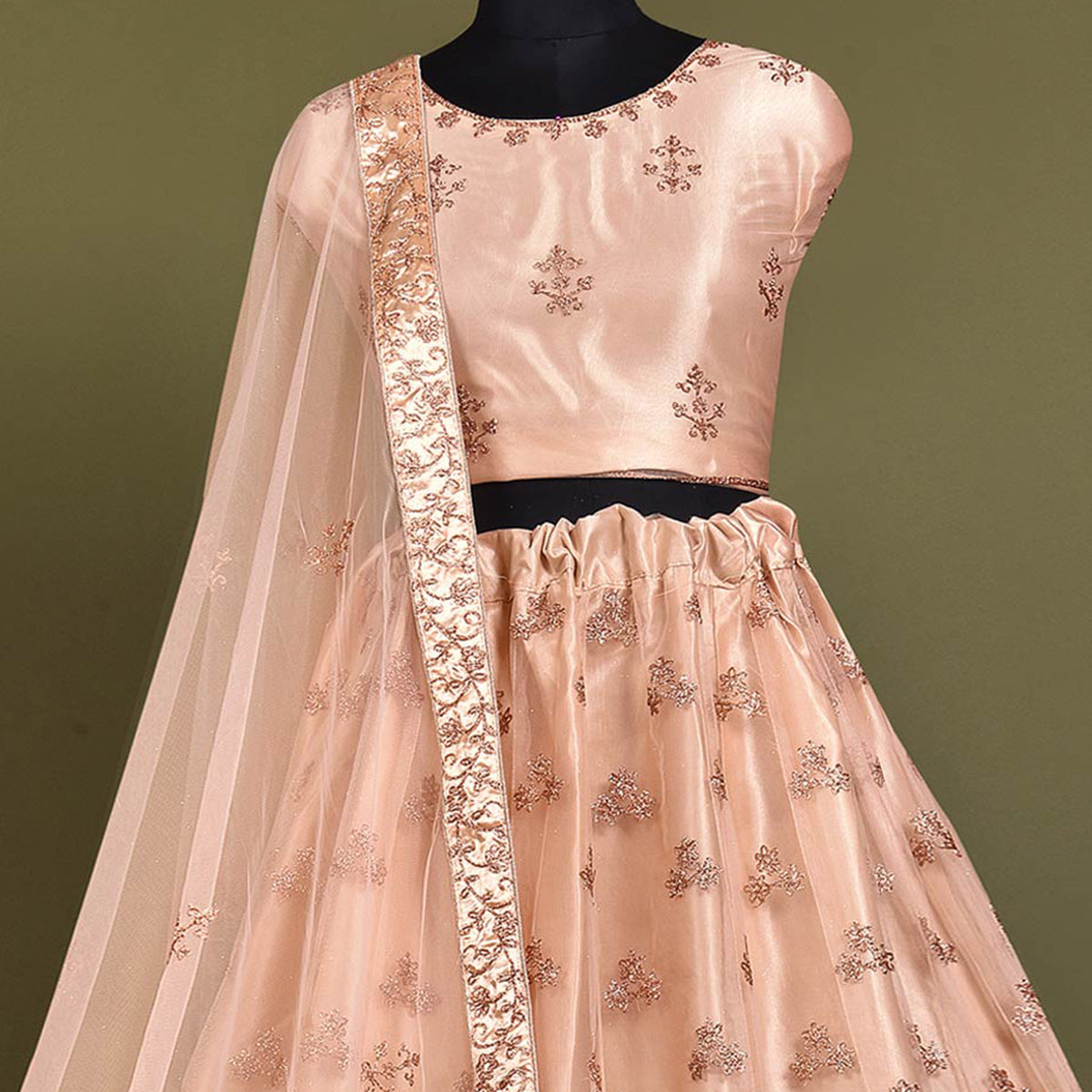 Light Peach Floral Embroidered Net Lehenga Choli