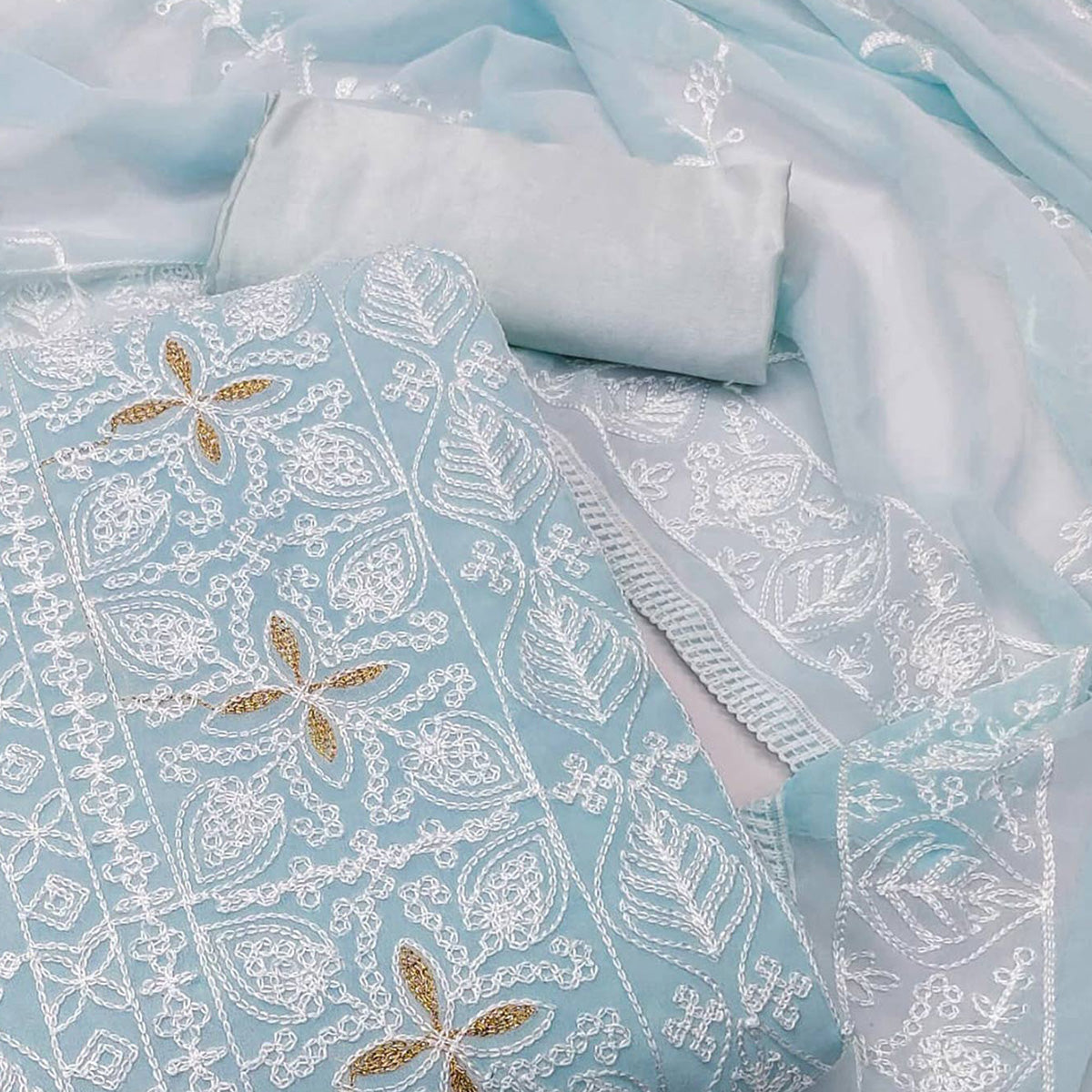 Sky Blue Floral Embroidered Georgette Dress Material