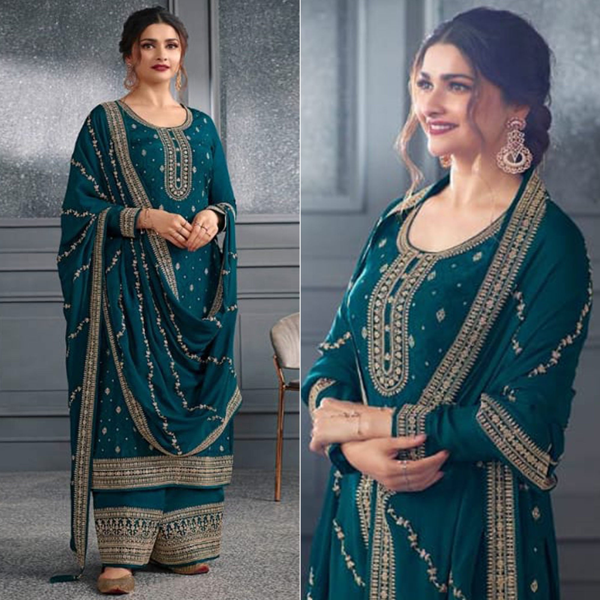 Teal Blue Woven With Sequins Embroidered Dola Silk Palazzo Suit