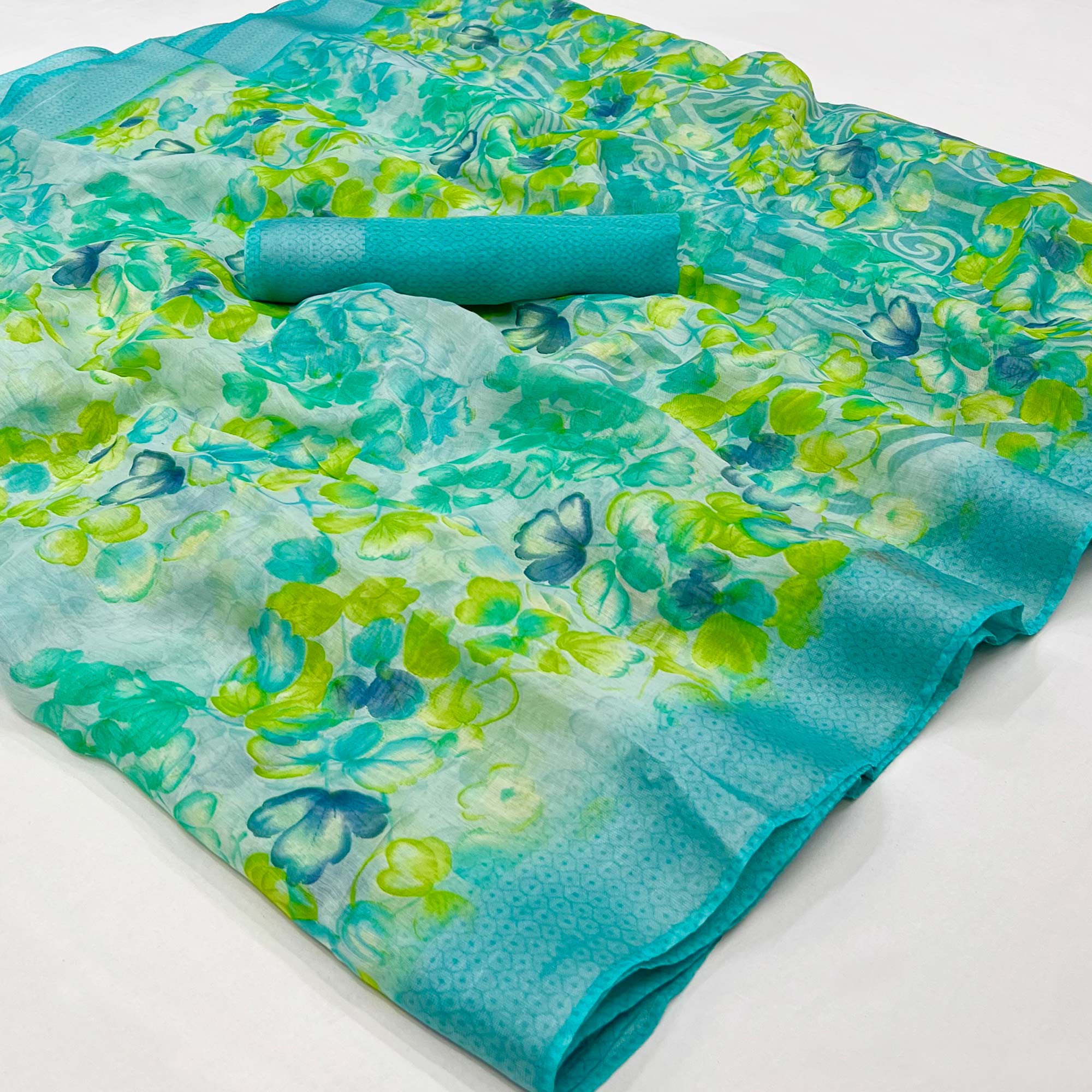 Blue Green Floral Printed Linen Saree