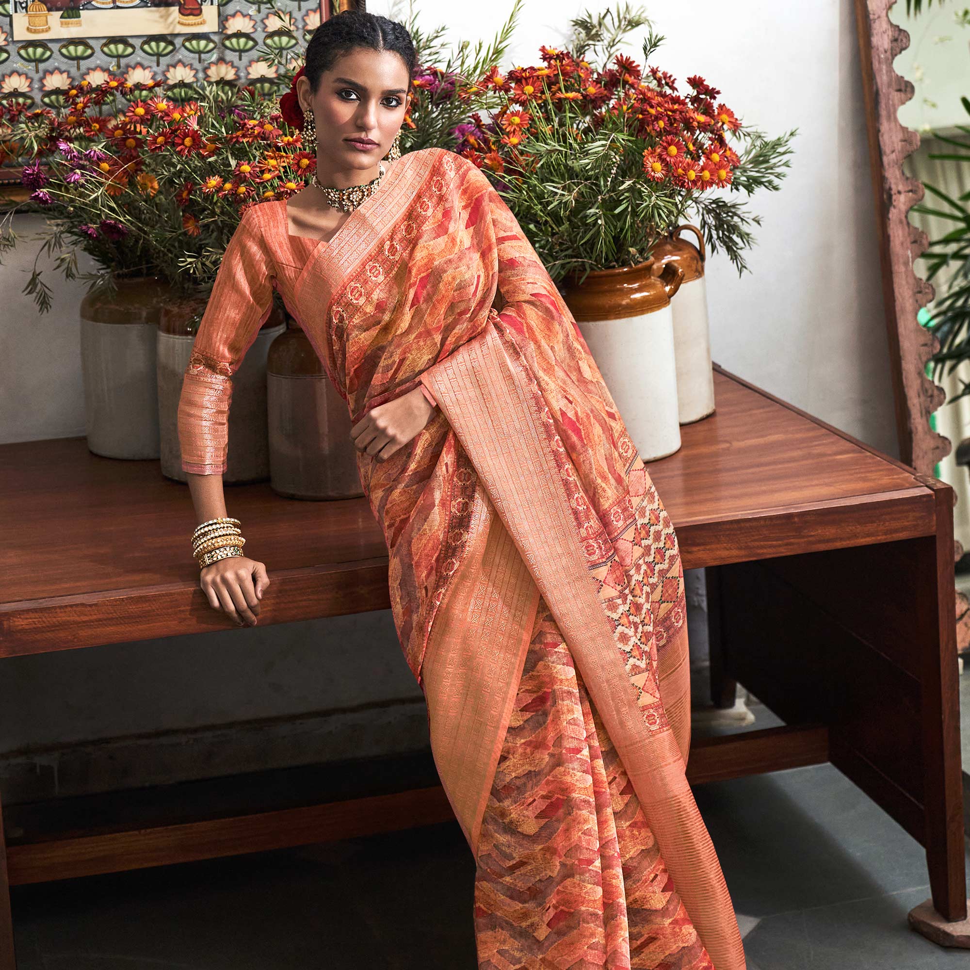 Peach Digital Printed Linen Saree