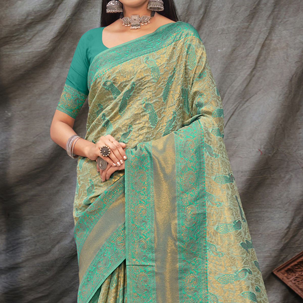 Green- Gold Woven Organza Saree