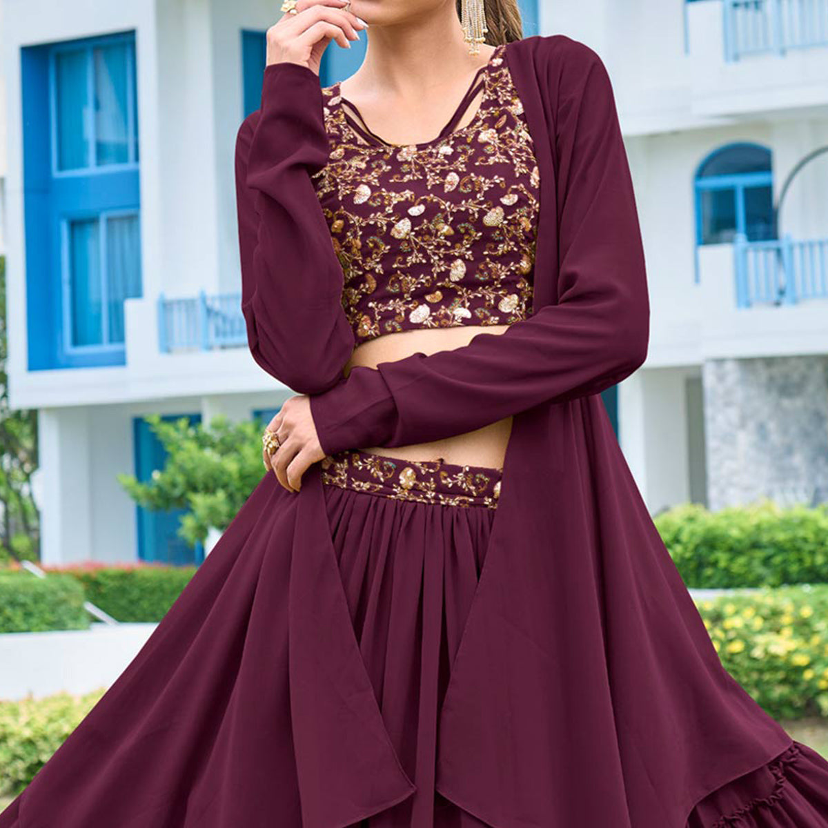 Wine Sequins Embroidered Georgette Lehenga Choli With Shrug