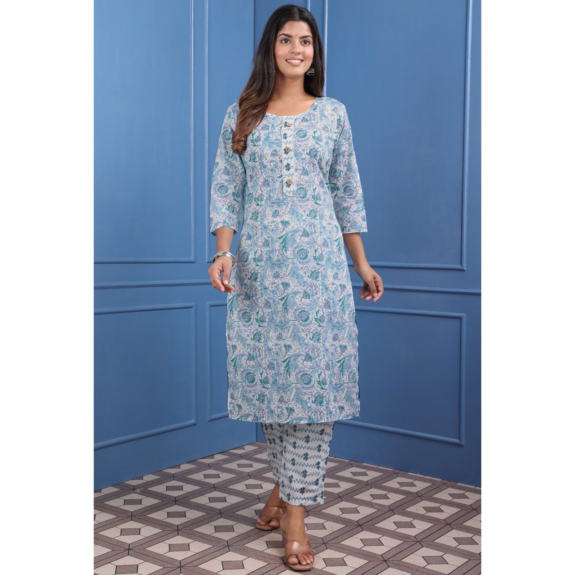 Blue Floral Printed Pure Cotton Suit