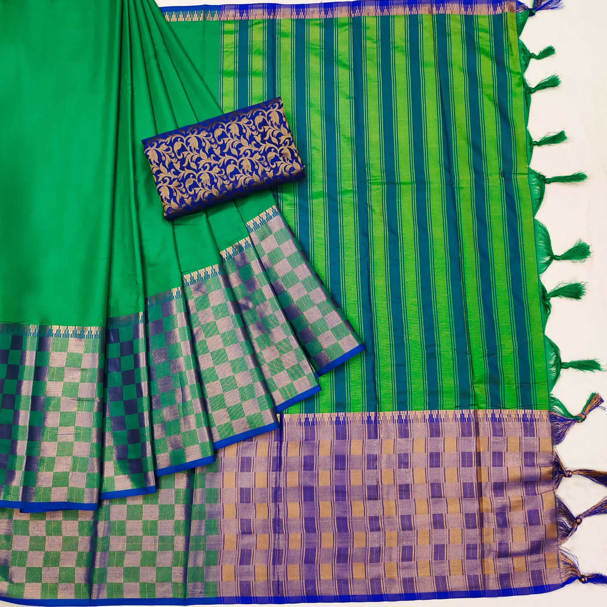 Green Woven Cotton Silk Saree With Tassels