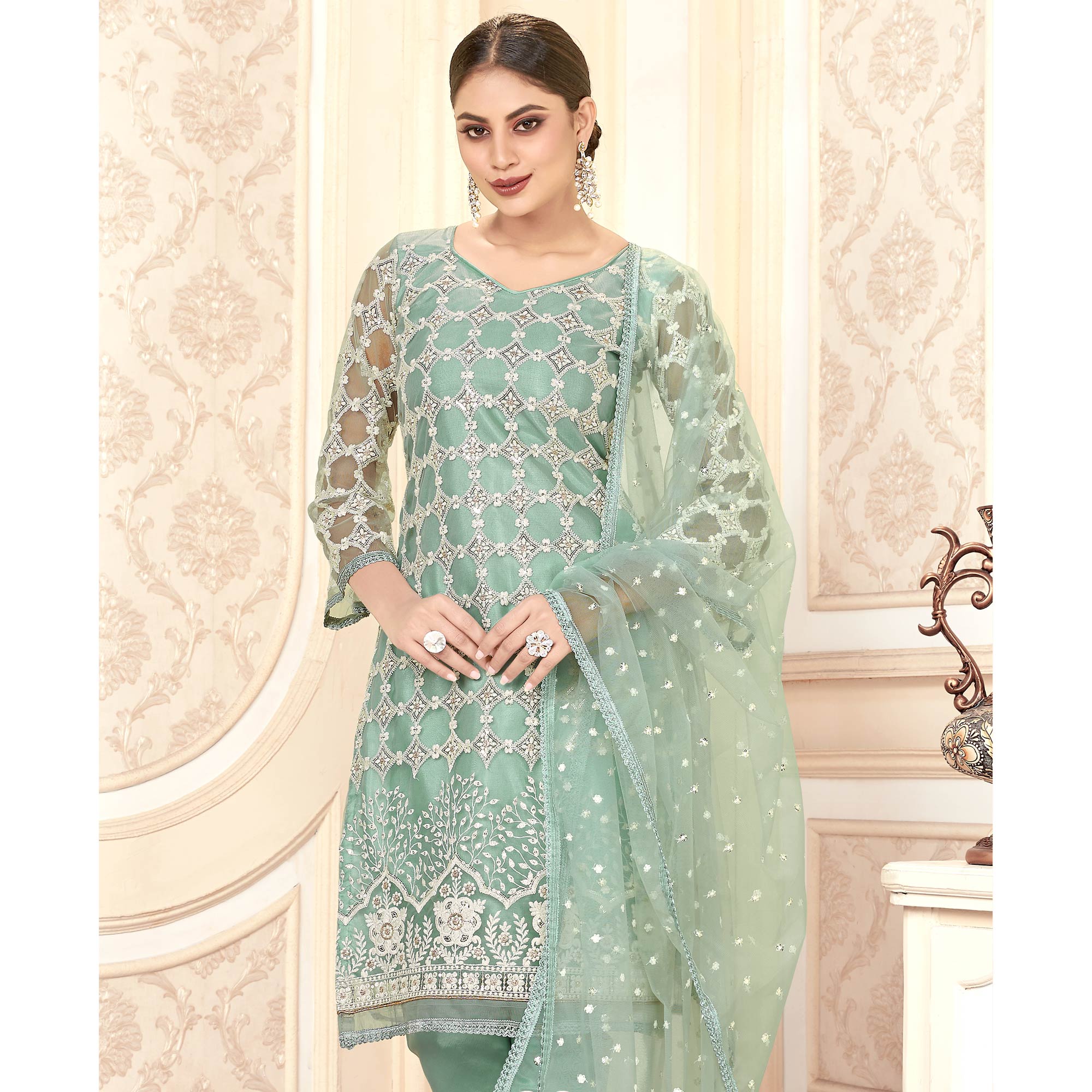 Turquoise Sequins Embroidered Net Semi Stitched Suit