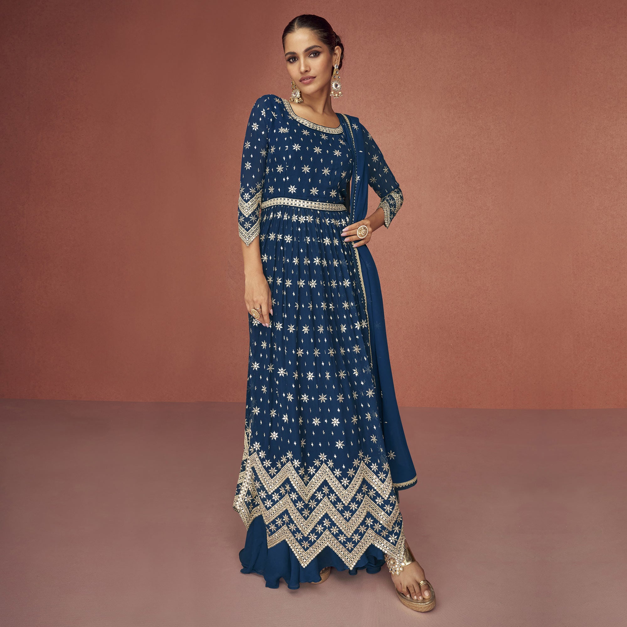 Blue Sequins Embroidered Georgette Semi Stitched Naira Cut Suit