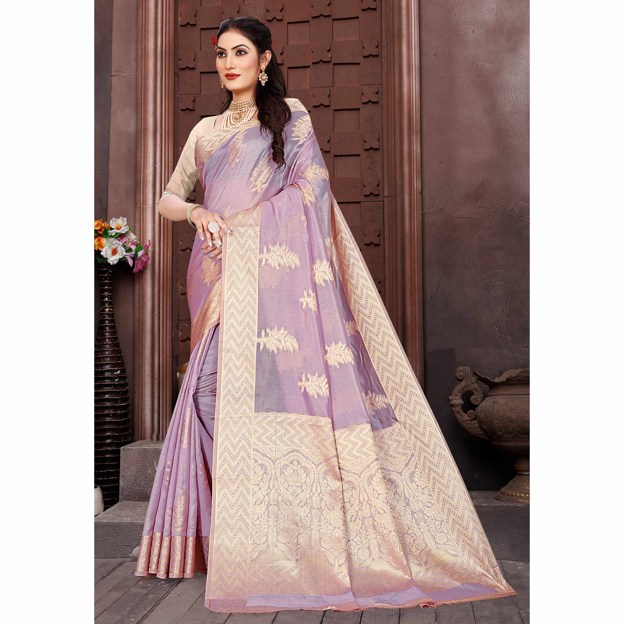 Light Purple Floral Woven Organza Saree