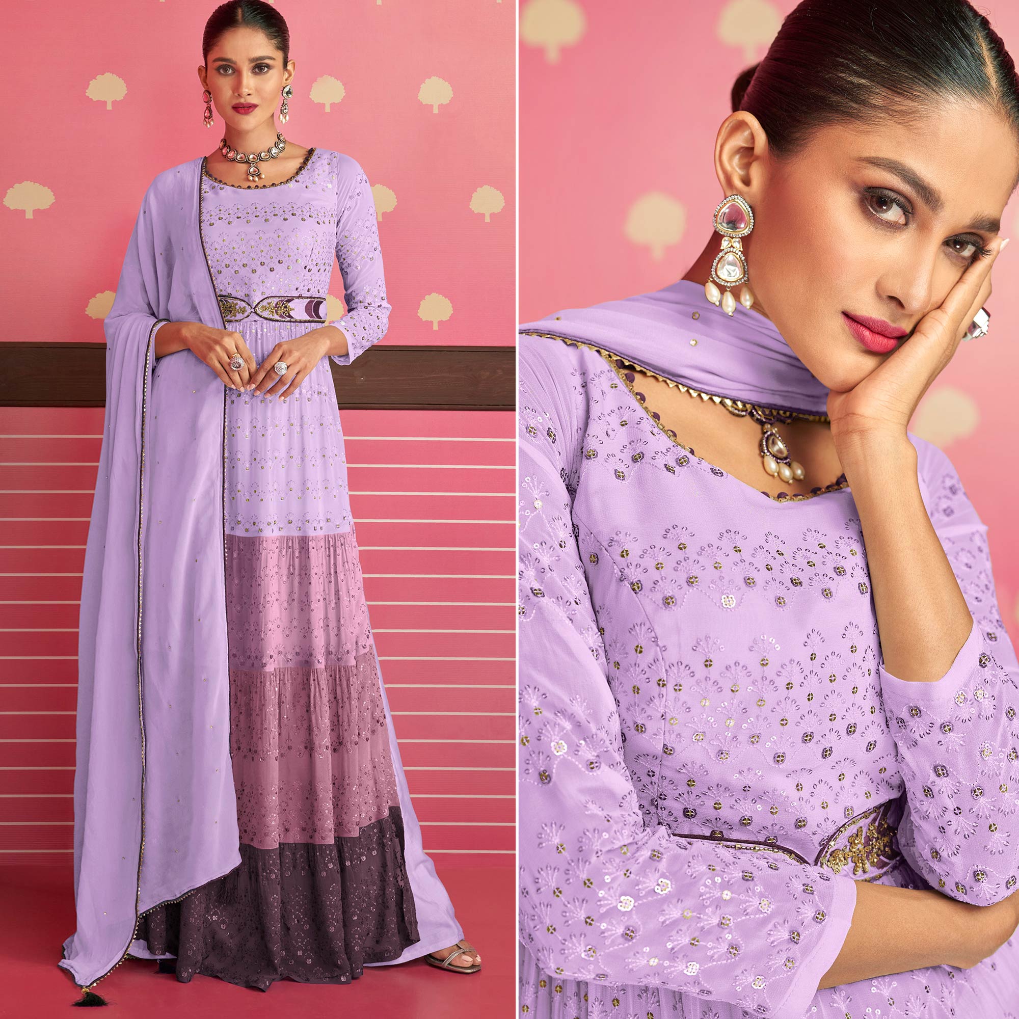 Violet Sequins Embroidered Georgette Naira Cut Suit