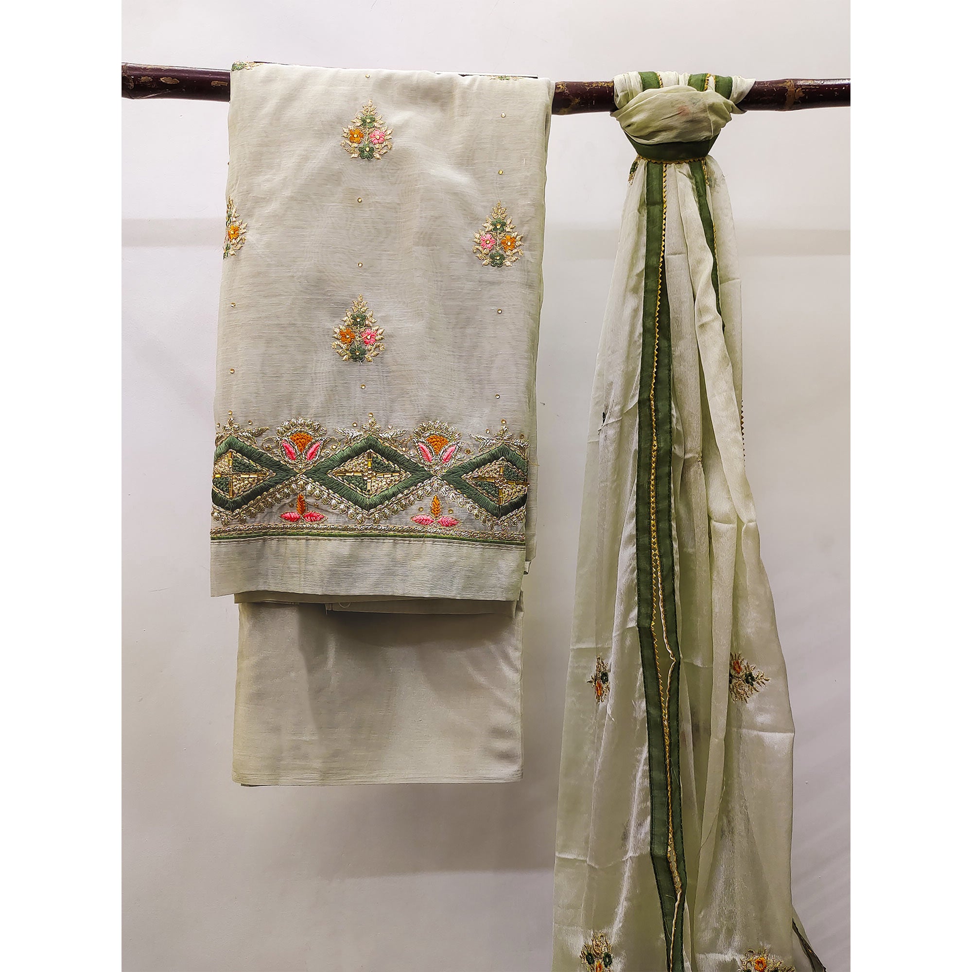 Grey Floral Embroidered Modal Dress Material