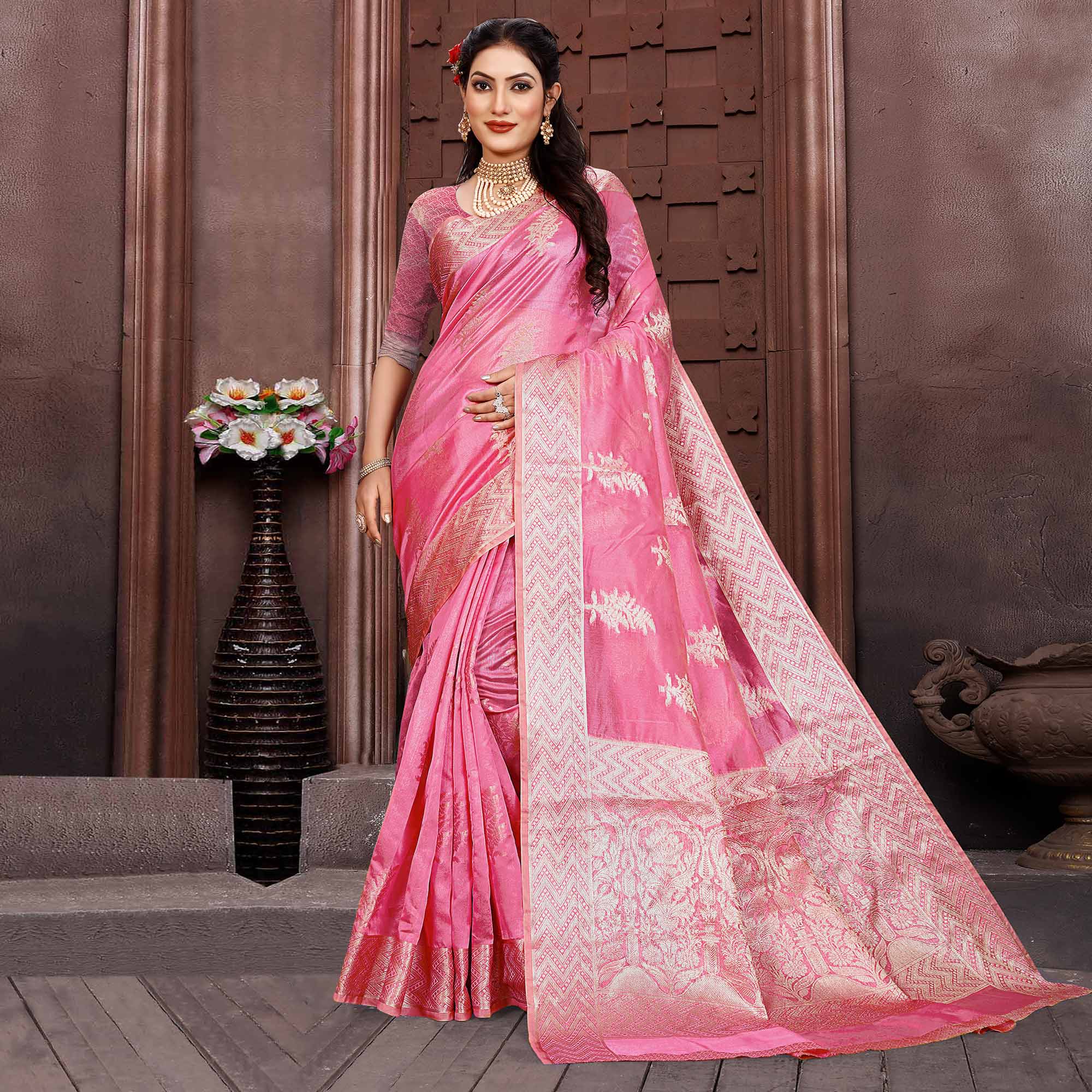 Pink Floral Woven Organza Saree