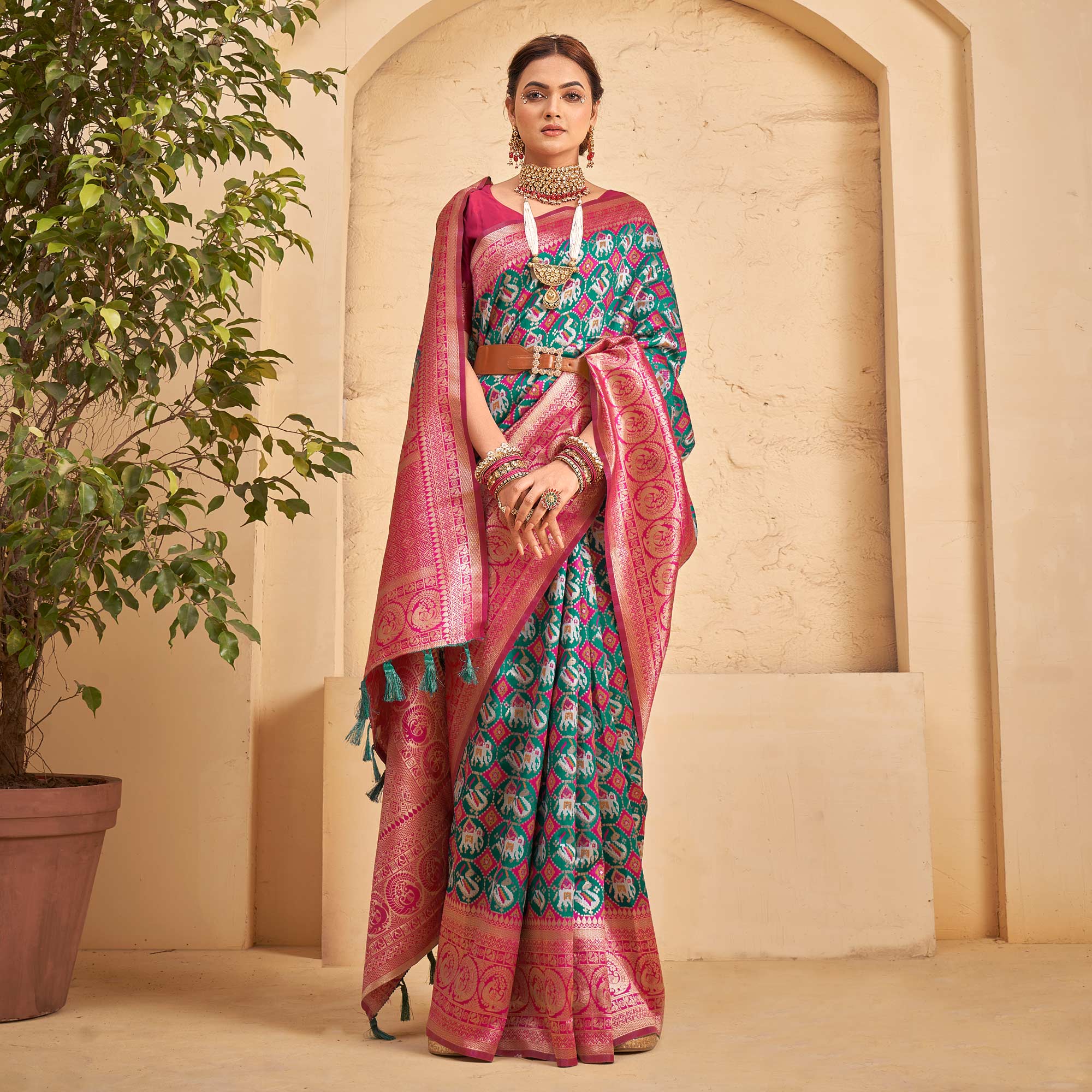 Rama Green Woven Patola Art Silk Saree With Tassels