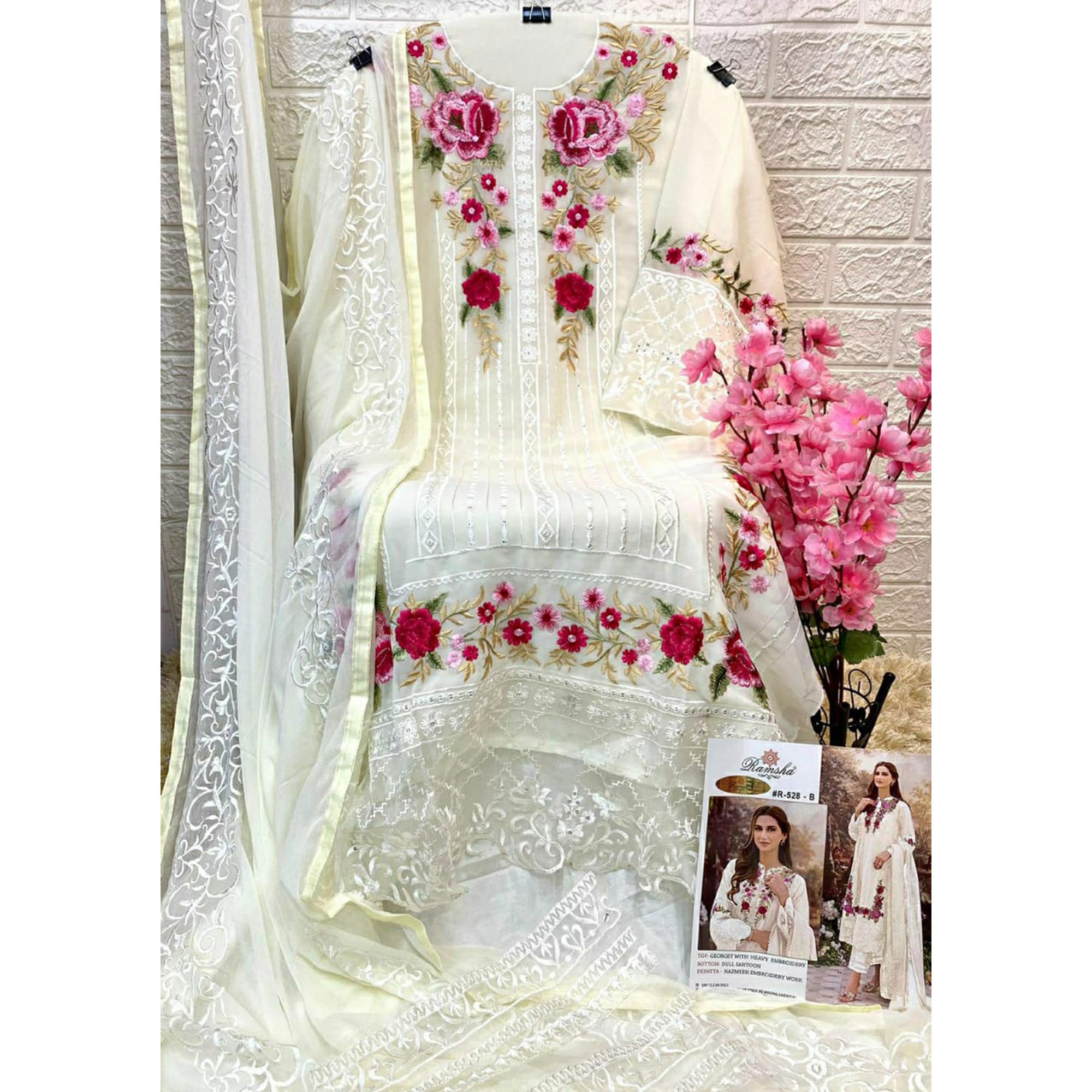 White Floral Embroidered Georgette Suit