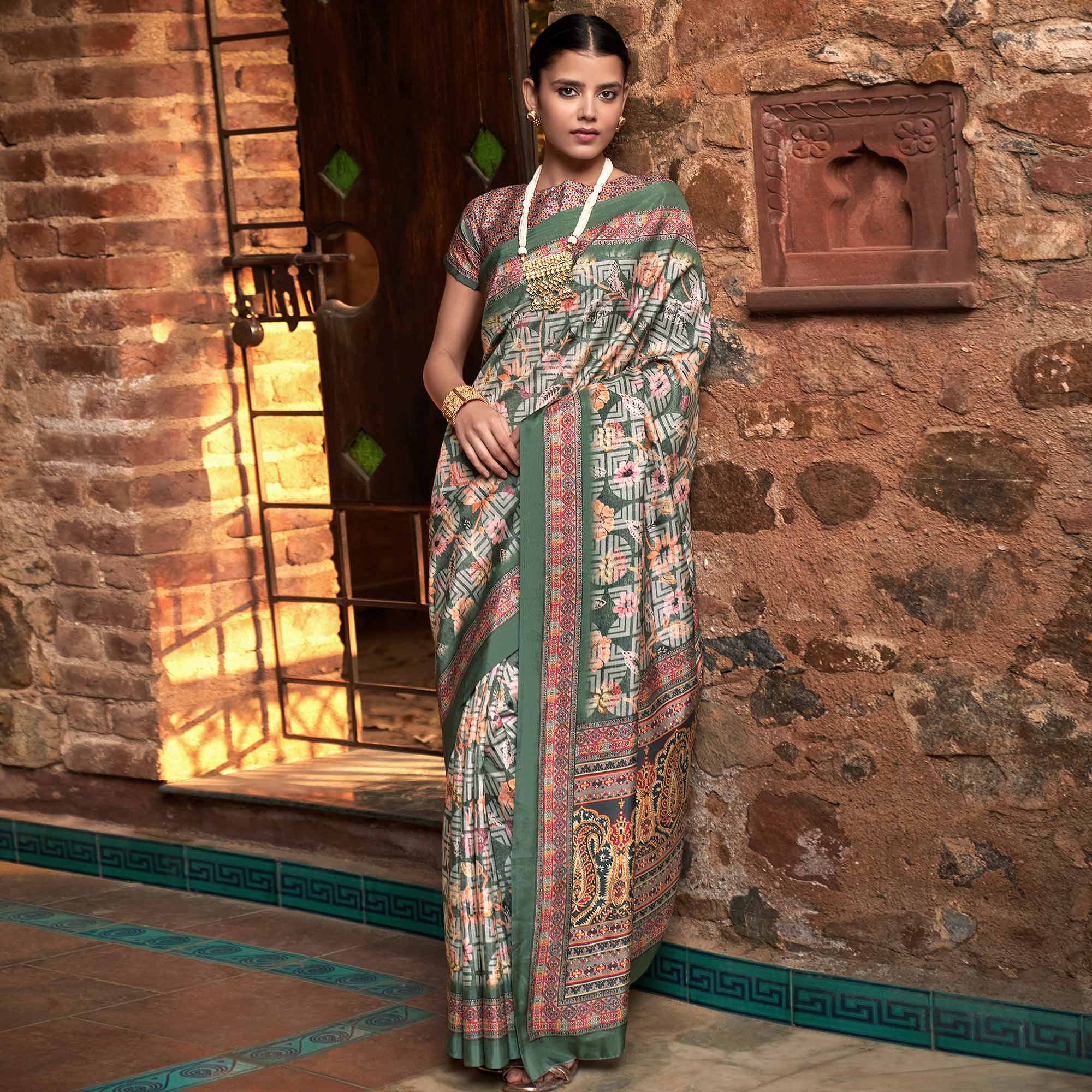 Green Digital Printed Satin Saree