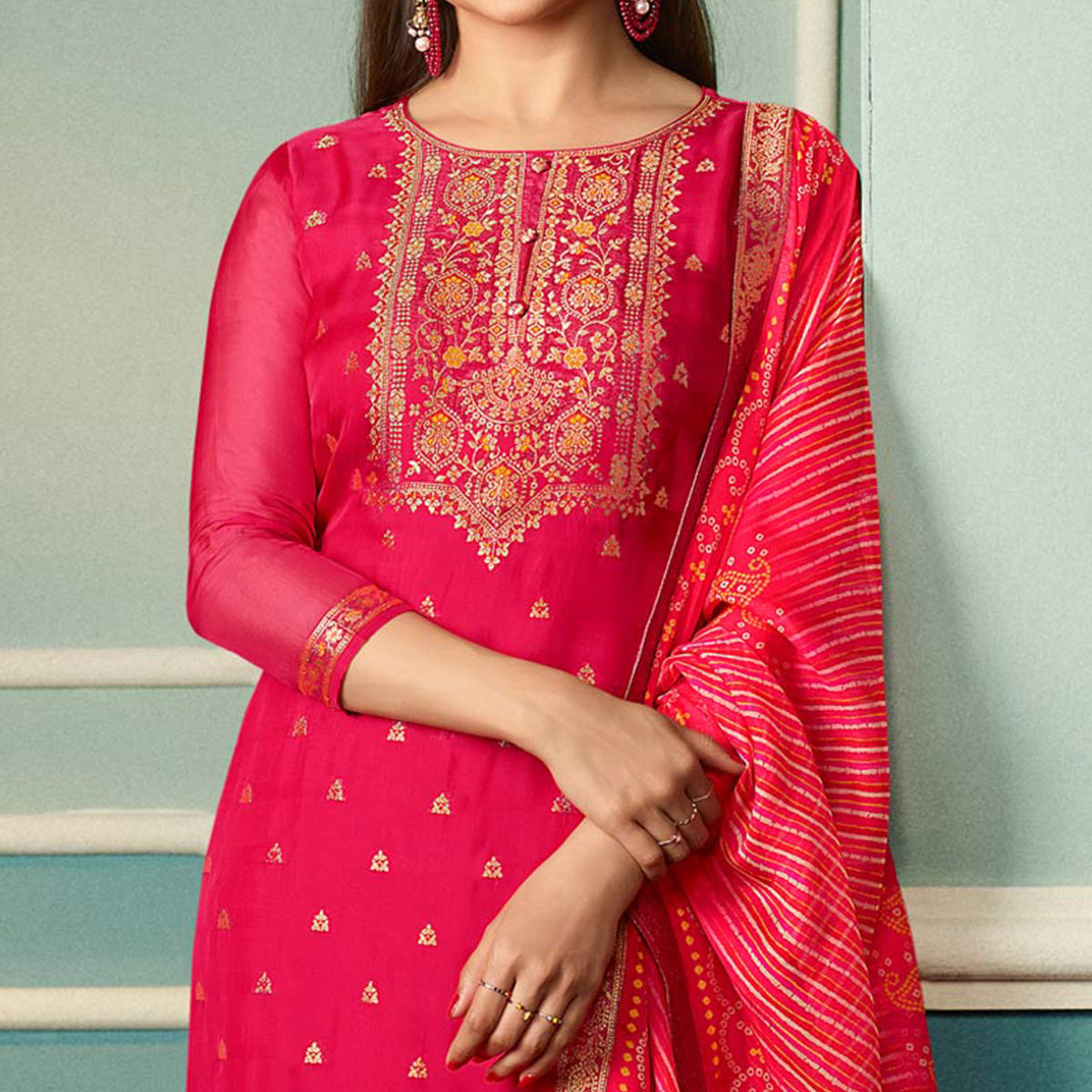 Pink Floral Woven Organza Salwar Suit