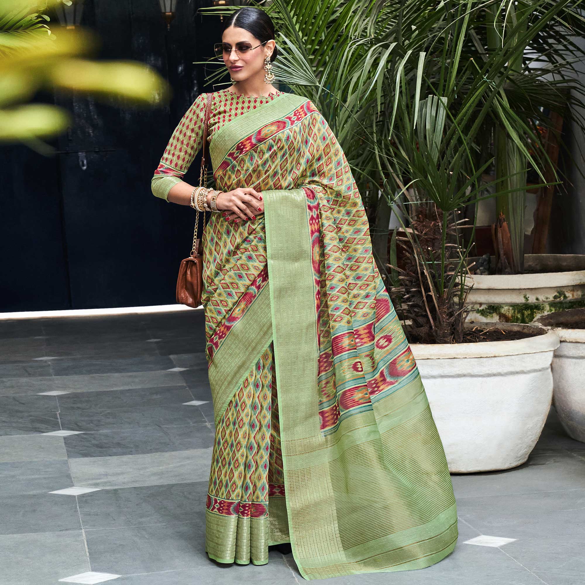 Mint Green Digital Printed Linen Saree