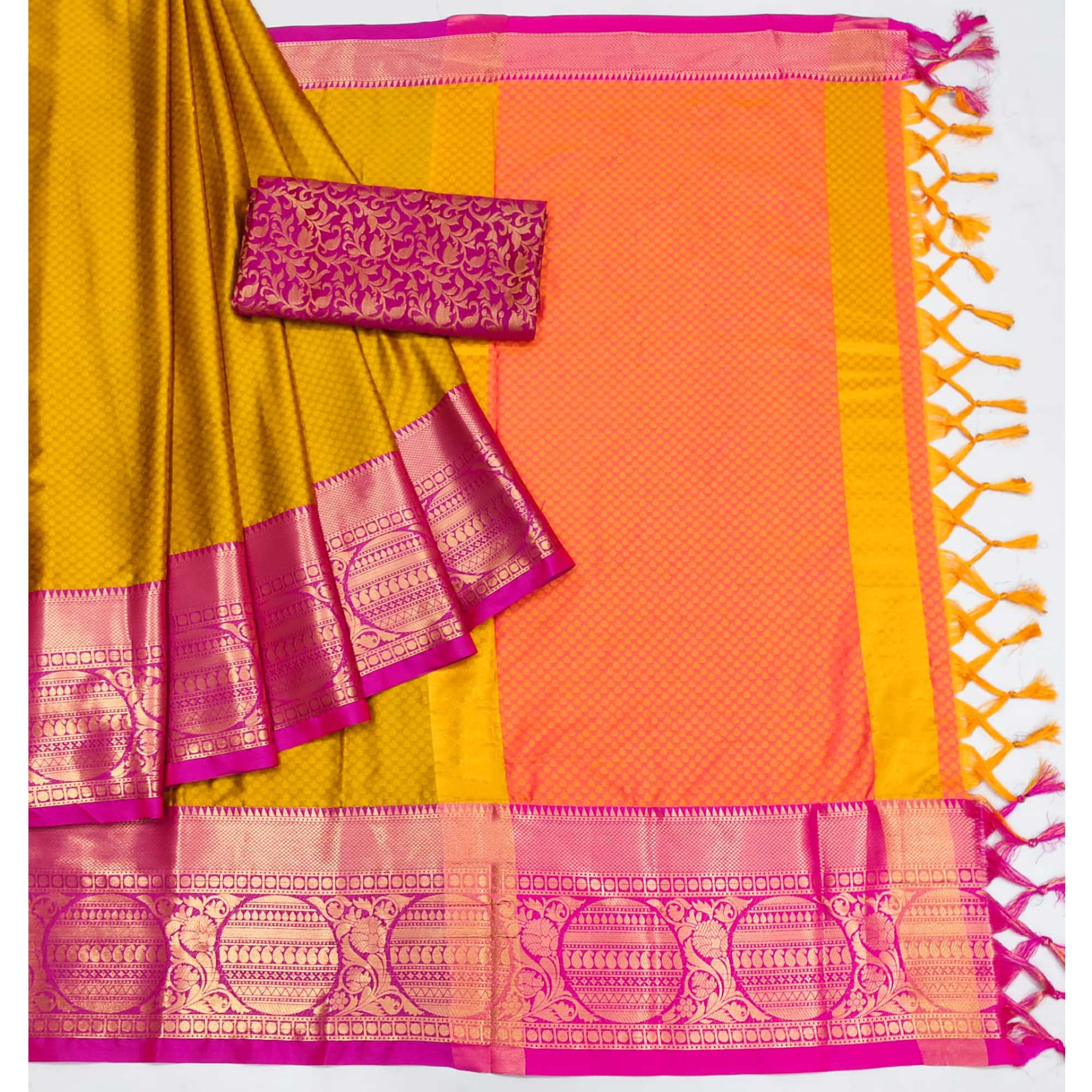 Gold Woven Cotton Silk Saree With Tassels