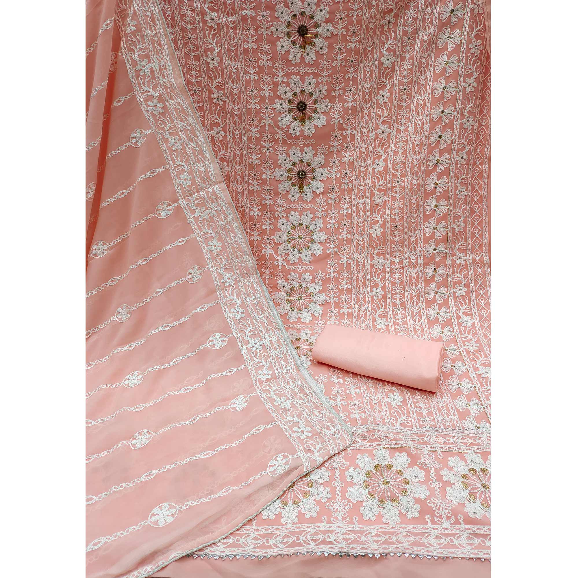 Peach Lucknowi Embroidered Georgette Dress Material
