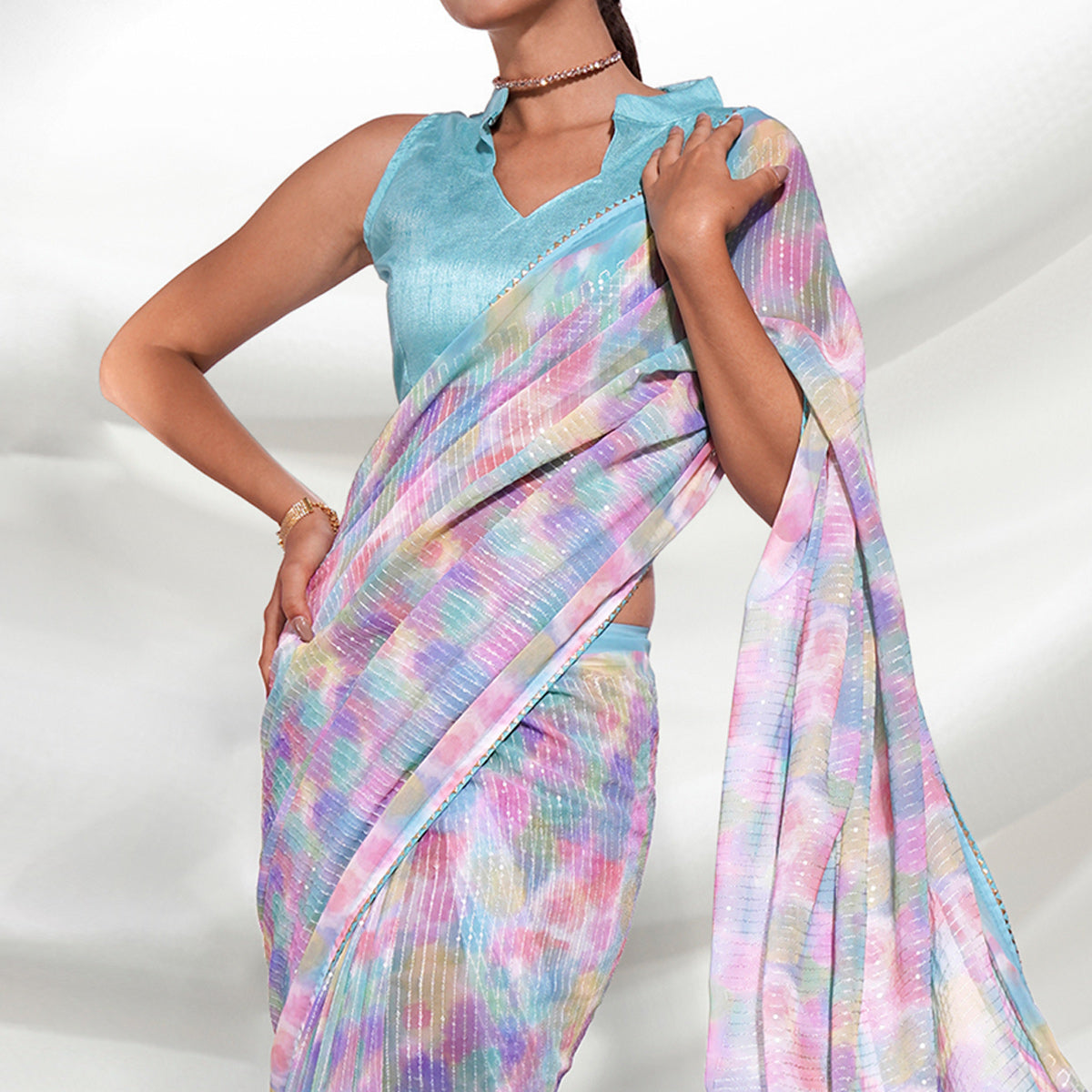 Multicolored Sequins Embroidered Georgette Saree