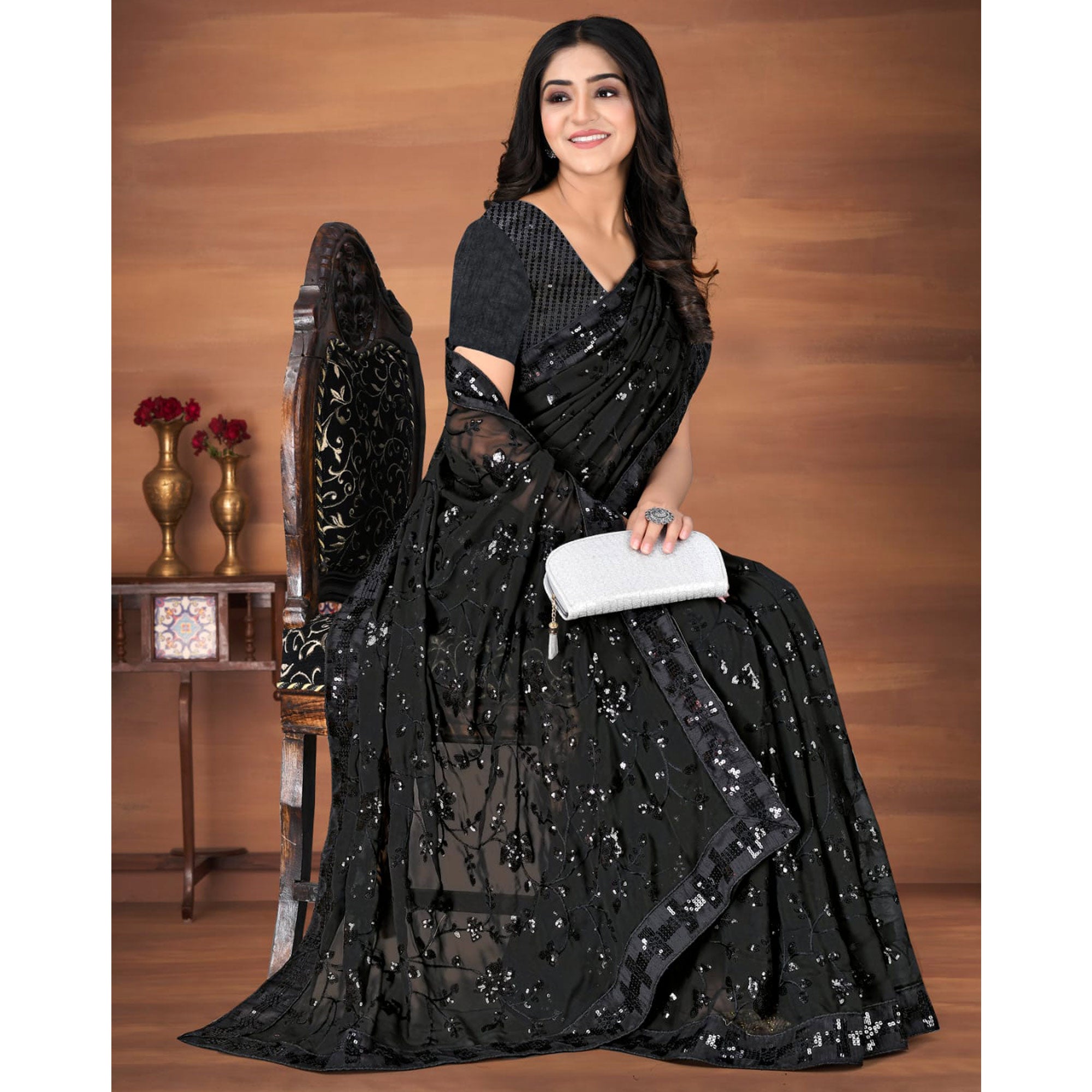 Black Sequins Emroidered Georgette Saree