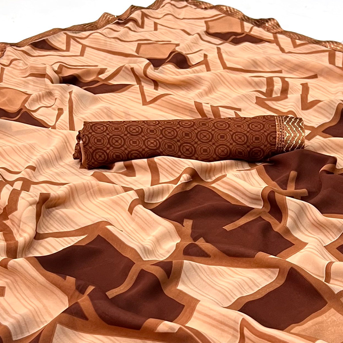 Peach Geometric Printed Georgette Saree