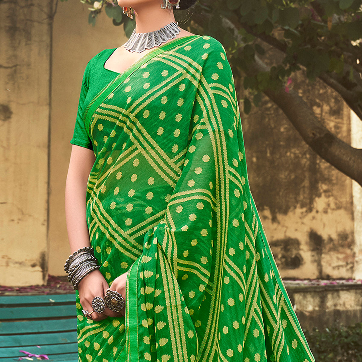 Green Printed Chiffon Saree