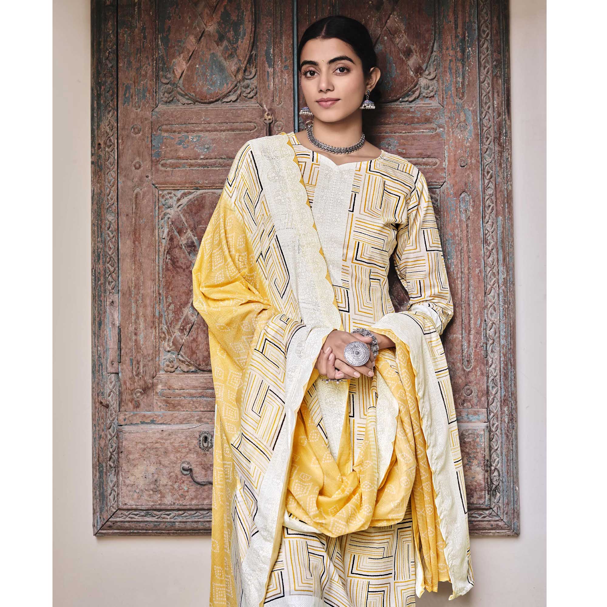 Yellow Printed Pure Cotton Salwar Suit