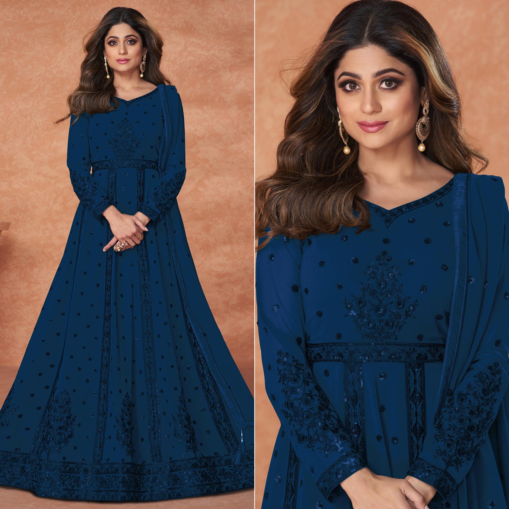 Sea Blue Embroidered Georgette Gown