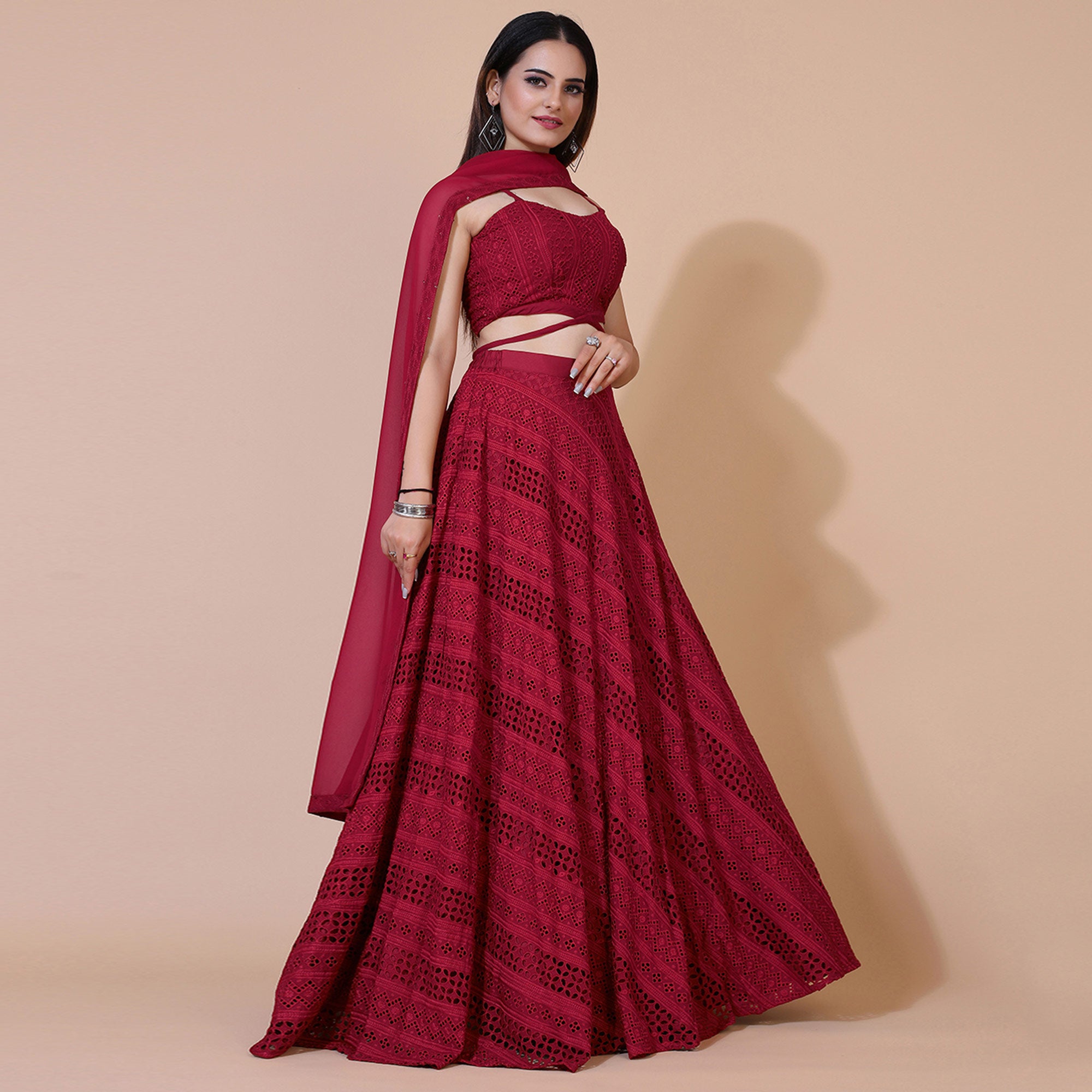 Maroon Lucknowi Chikankari Work Rayon Lehenga Choli