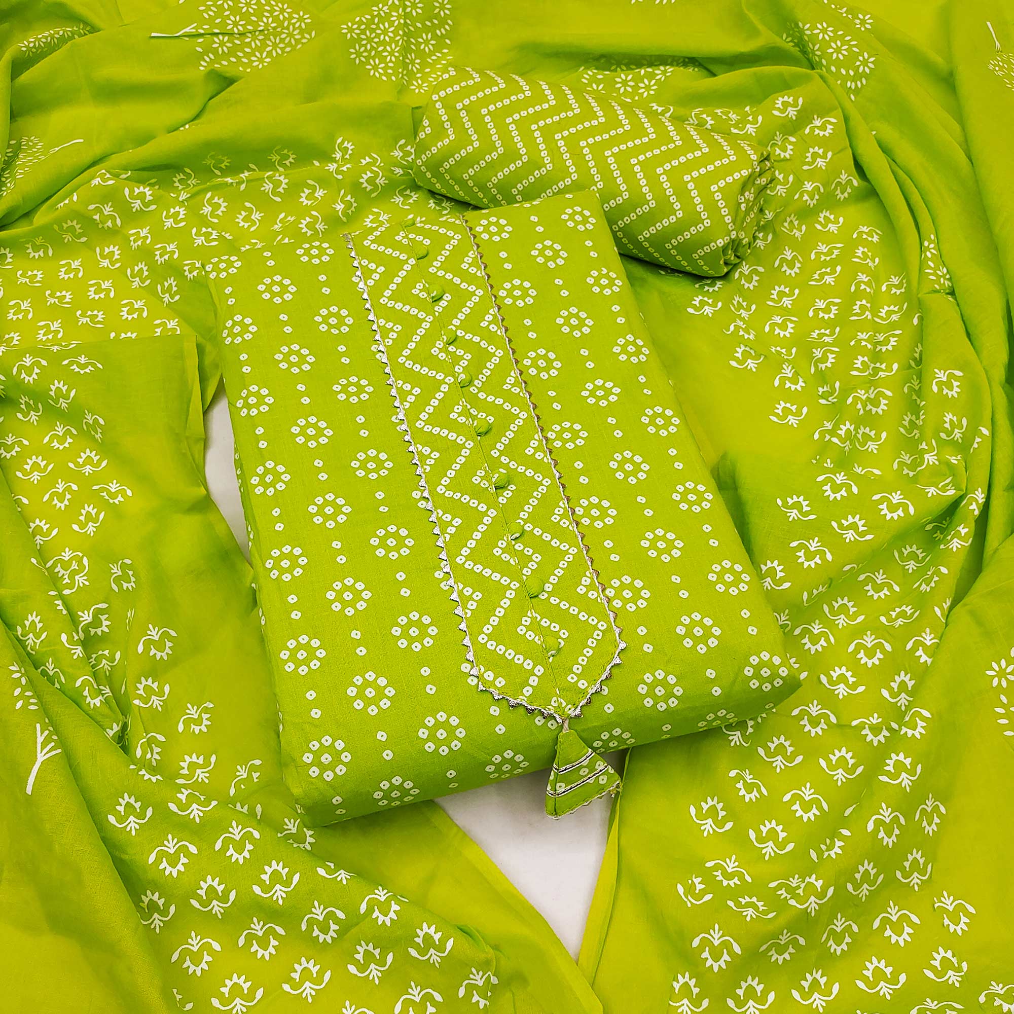 Green Bandhani Printed Pure Cotton Dress Material