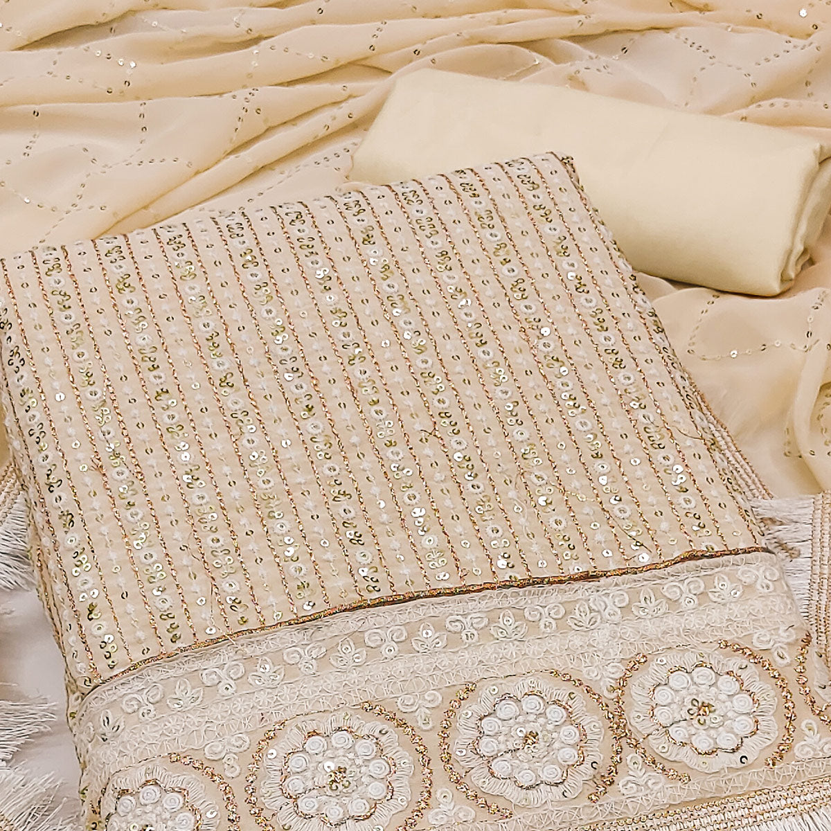 Cream Sequins Embroidered Georgette Dress Material