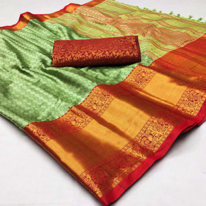 Pista Green Woven Cotton Silk Saree With Tassels