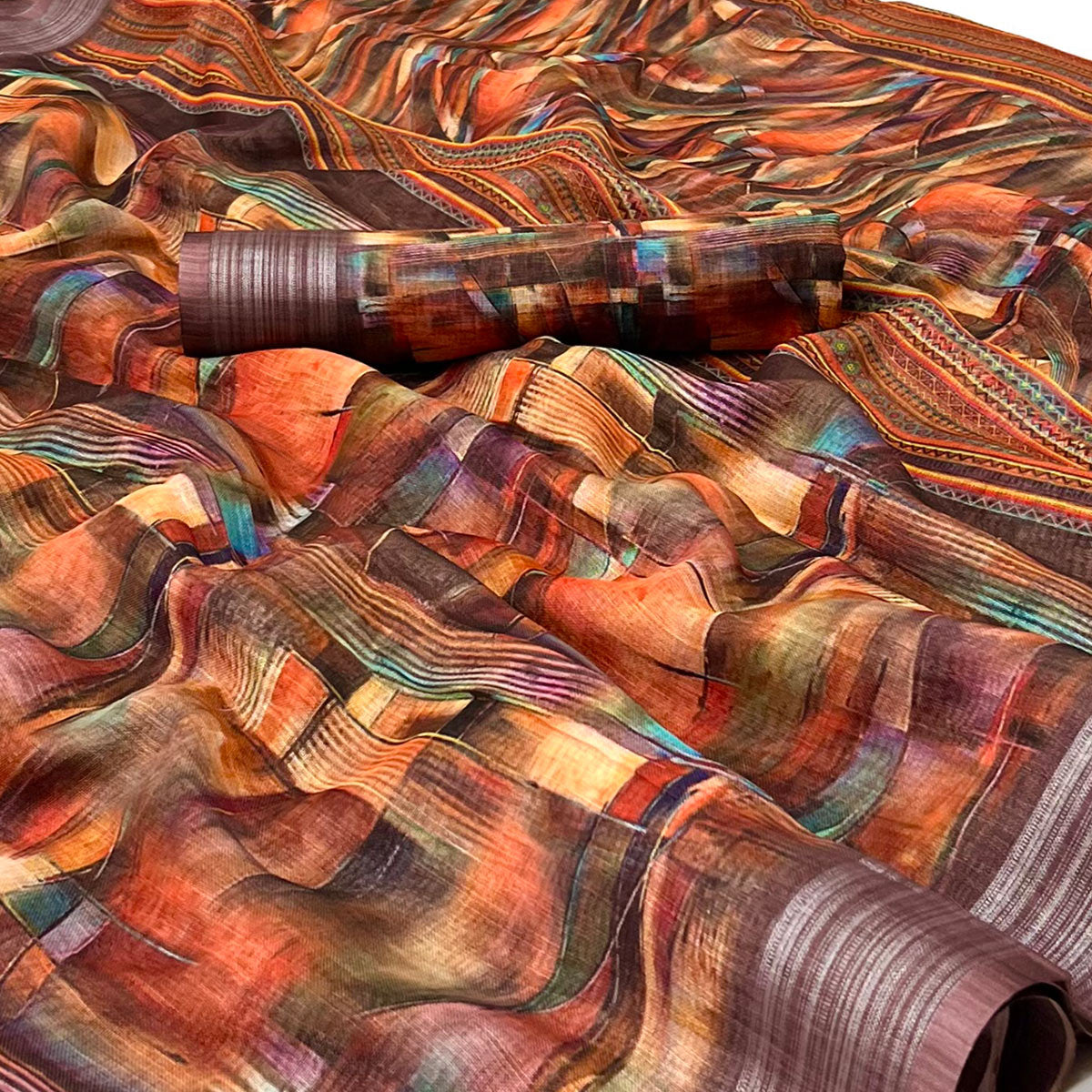 Multicolored Digital Printed Linen Saree