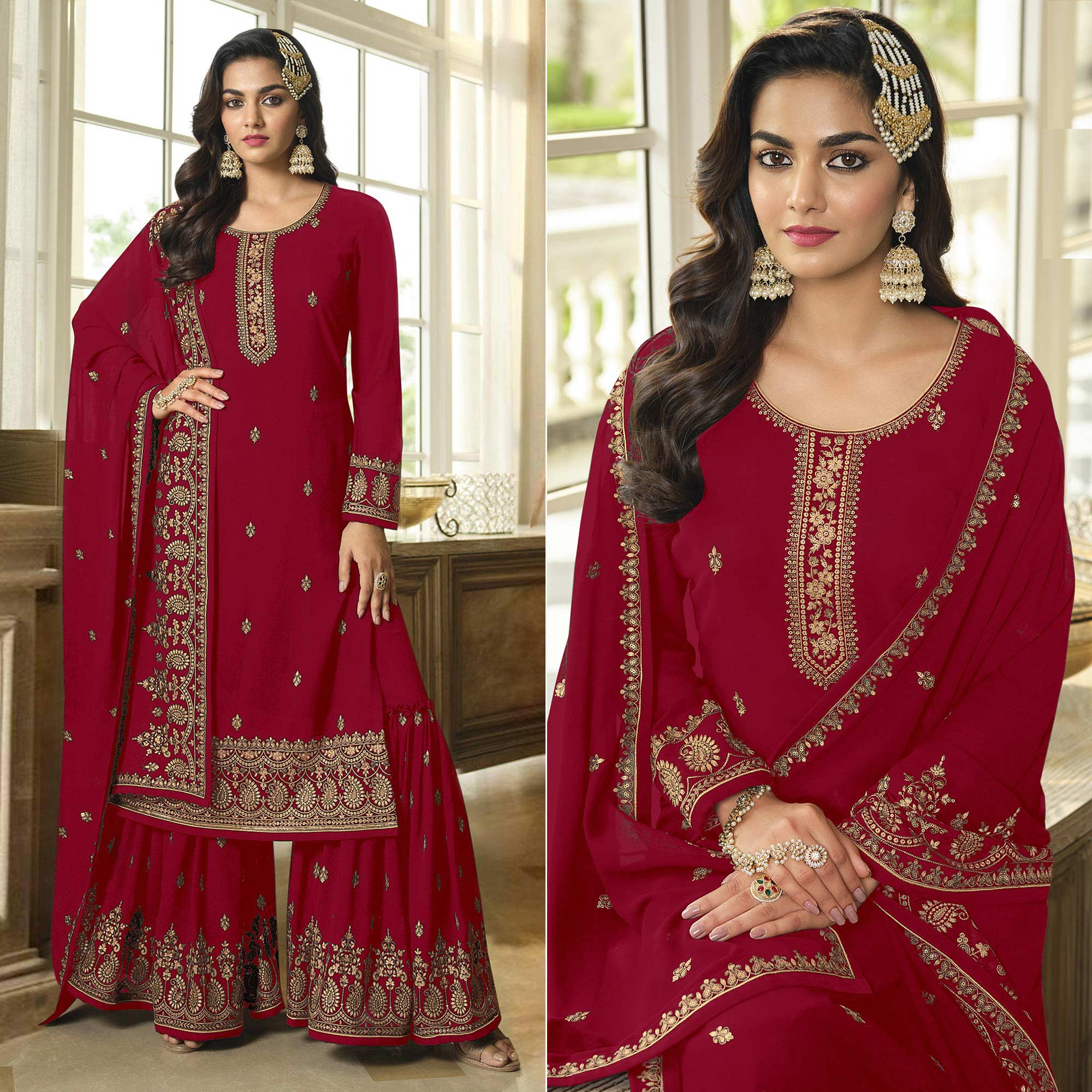 Maroon Floral Embroidered Georgette Sharara Suit