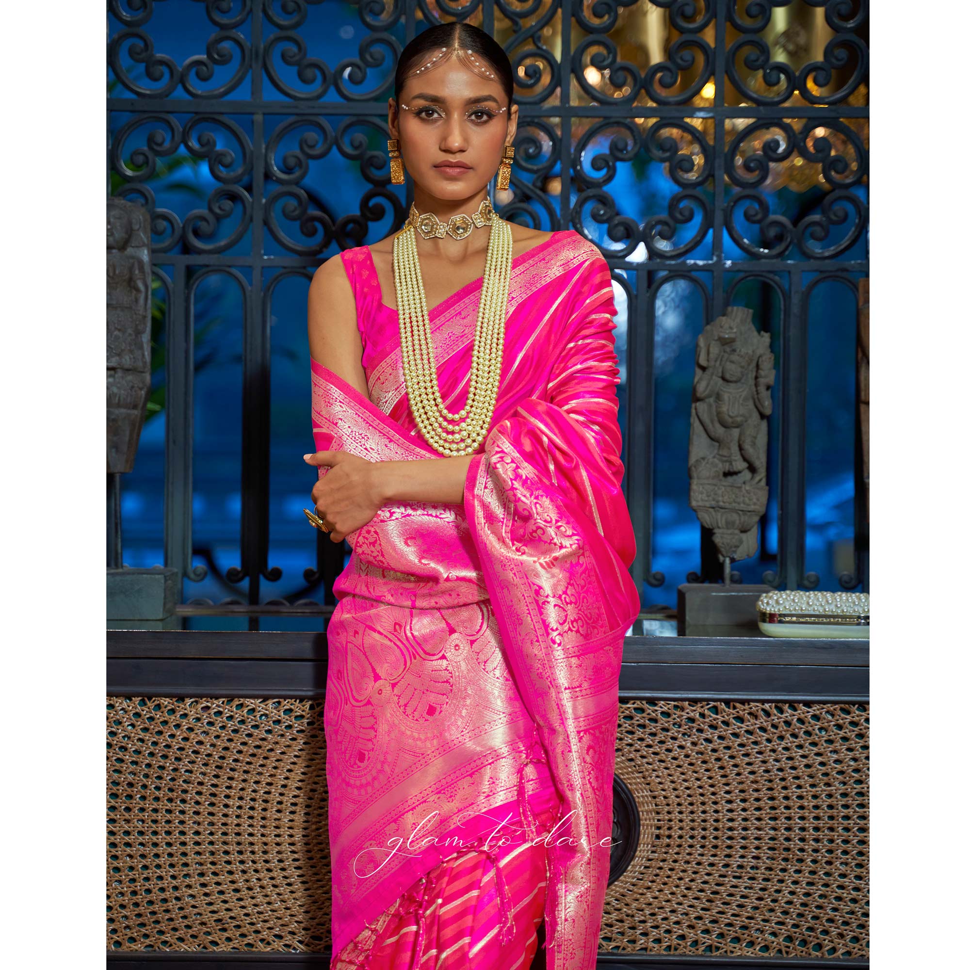 Rani Pink Woven Satin Saree With Tassels