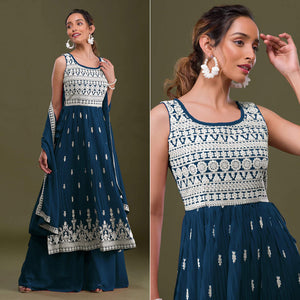Blue Embroidered Georgette Naira Cut Semi Stitched Palazzo Suit