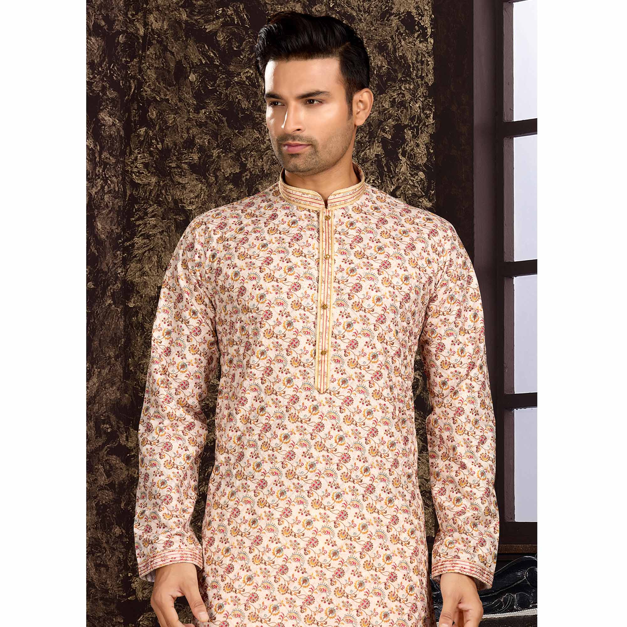 Cream Lucknowi And Digital Printed Cotton Kurta Pyjama Set