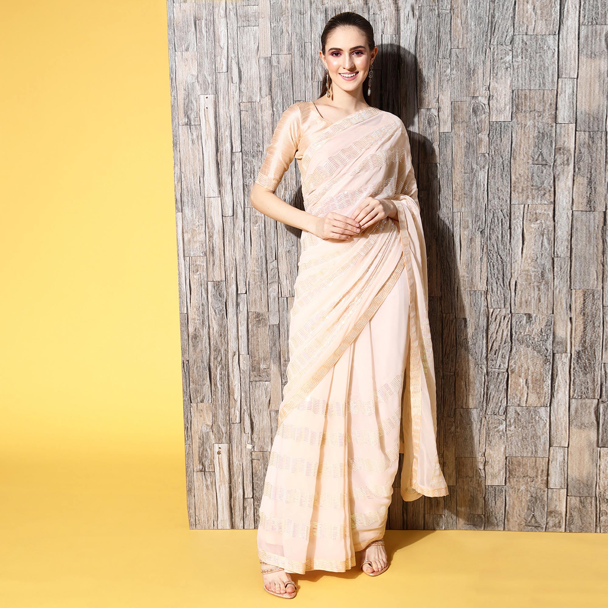 Cream Sequins Embroidered Georgette Saree