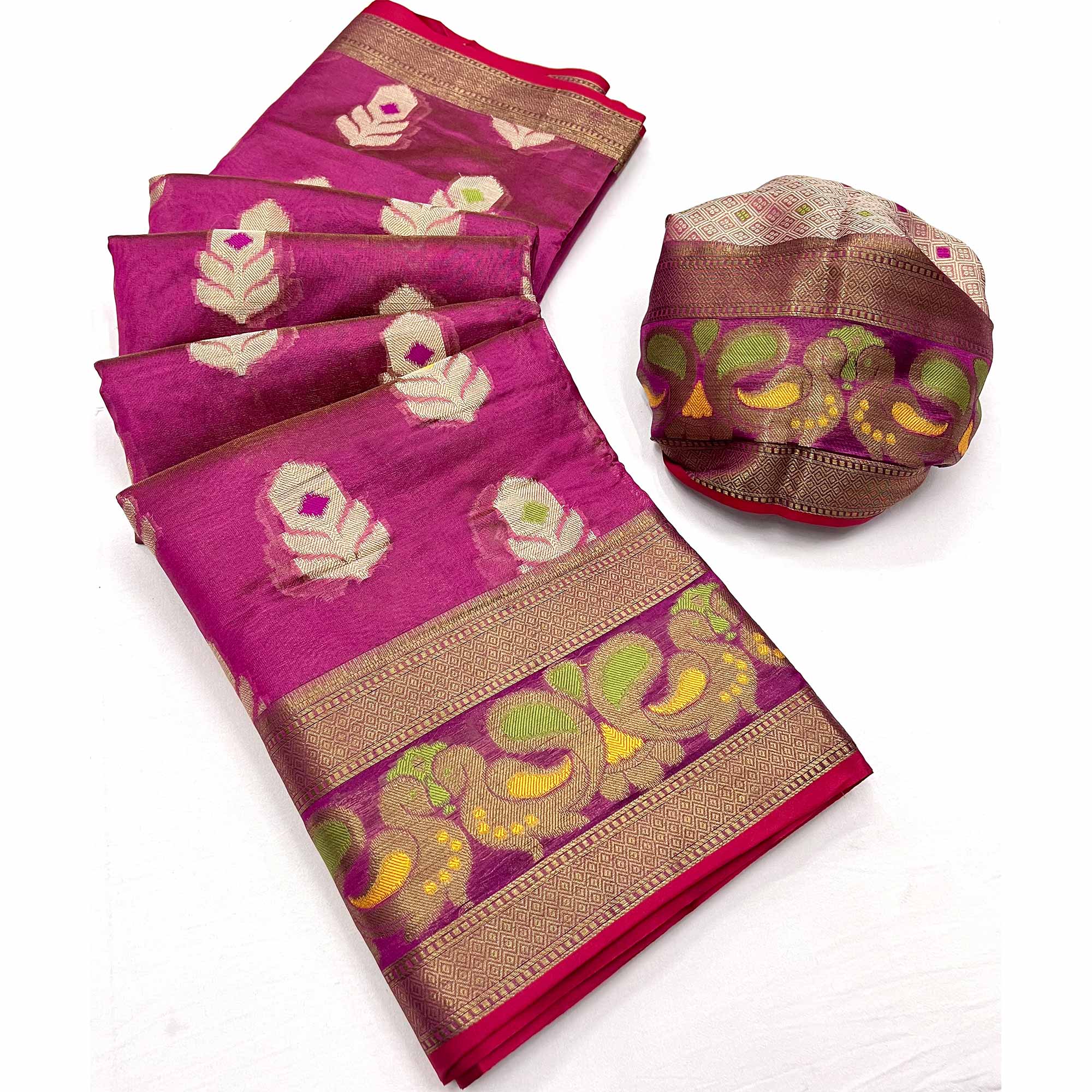 Magenta Pink Woven Jacquard Saree