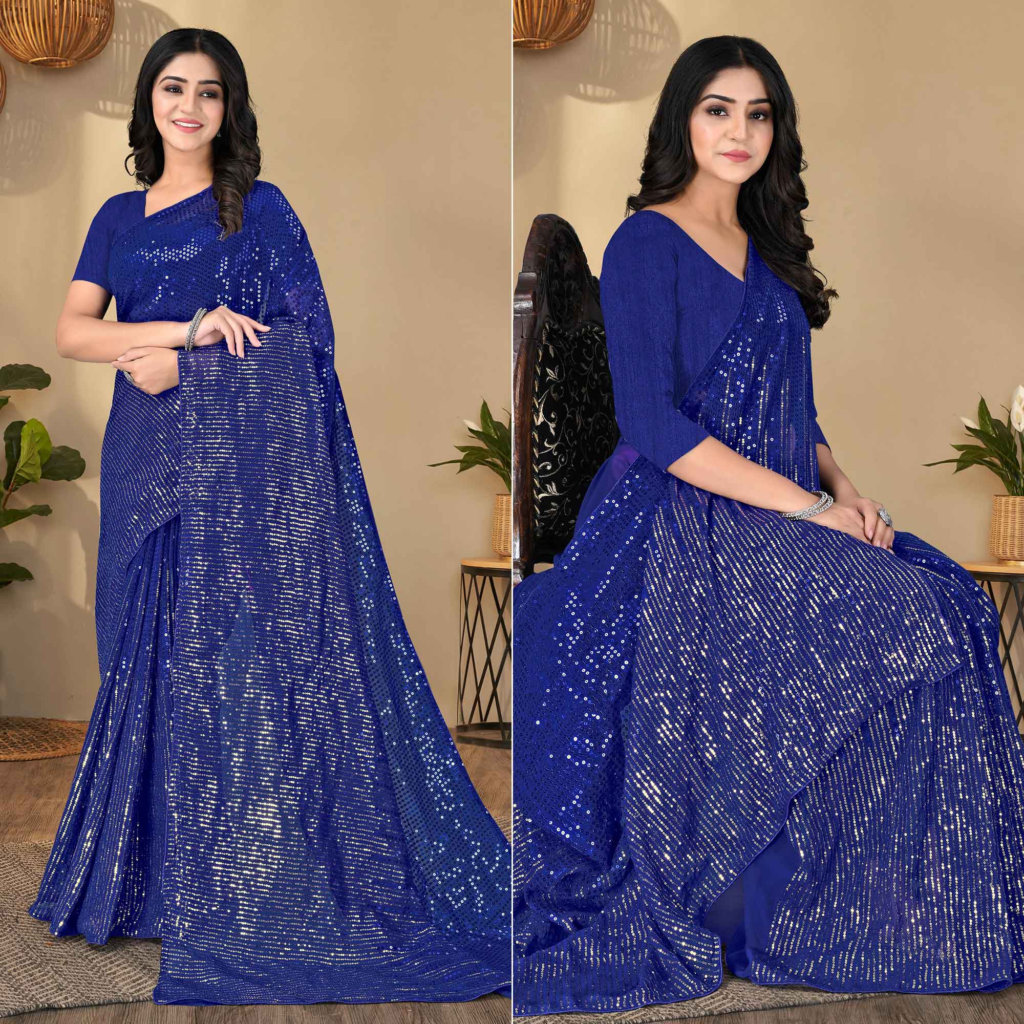 Royal Blue Sequins Embroidered Georgette Saree