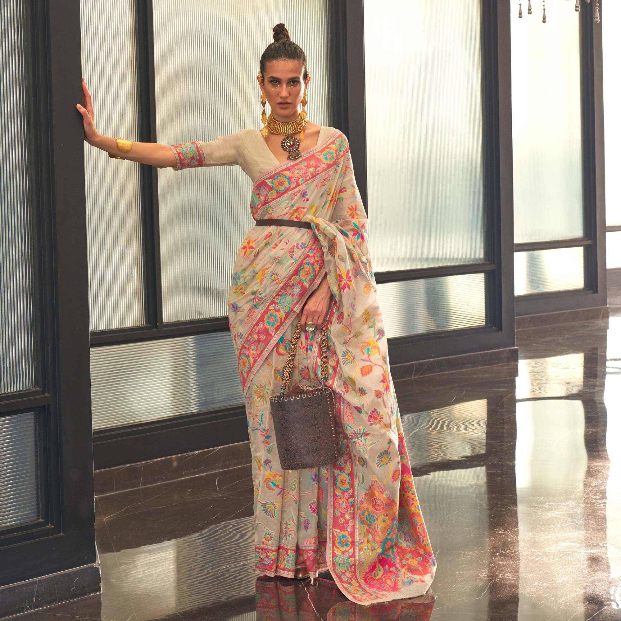 Off White Floral Woven Modal Saree